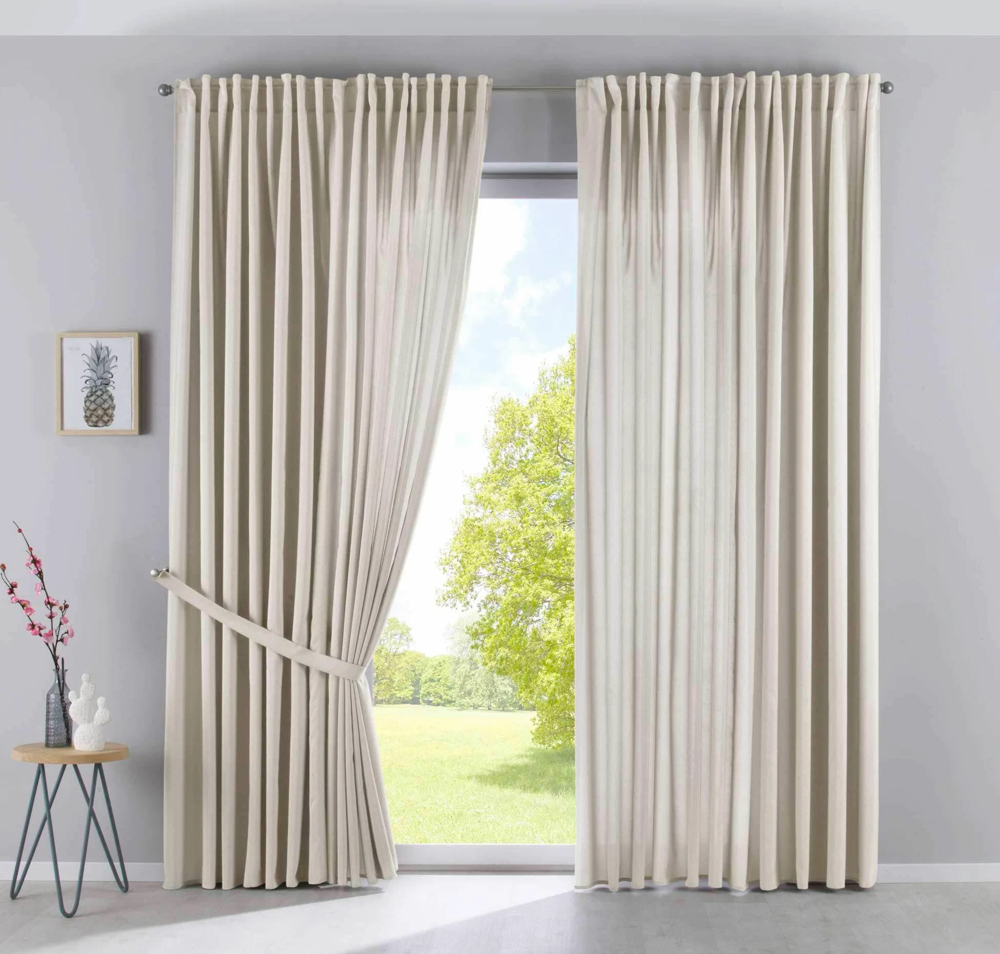 Gardinenbox 2019037-2 Cationic « JENA » Lot de 2 Rideaux Opaques Aspect Lin chiné avec embrasses H x l 250 x 300 cm