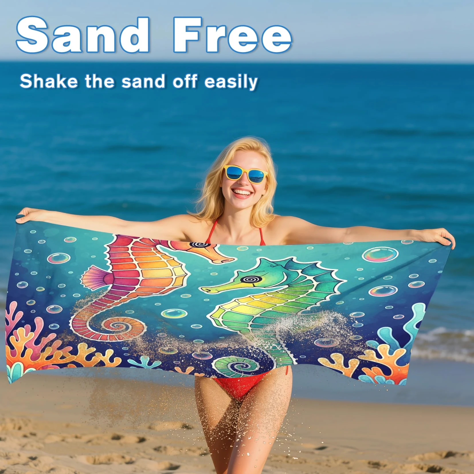 Serviette de Plage XXL Microfibre Hippocampe Animaux Marins Tropicale, Drap de Plage Séchage Rapide Anti Sable & Légère, Serviette de Bain Grande Taille 200x200 cm, Accessoire & Cadeau été