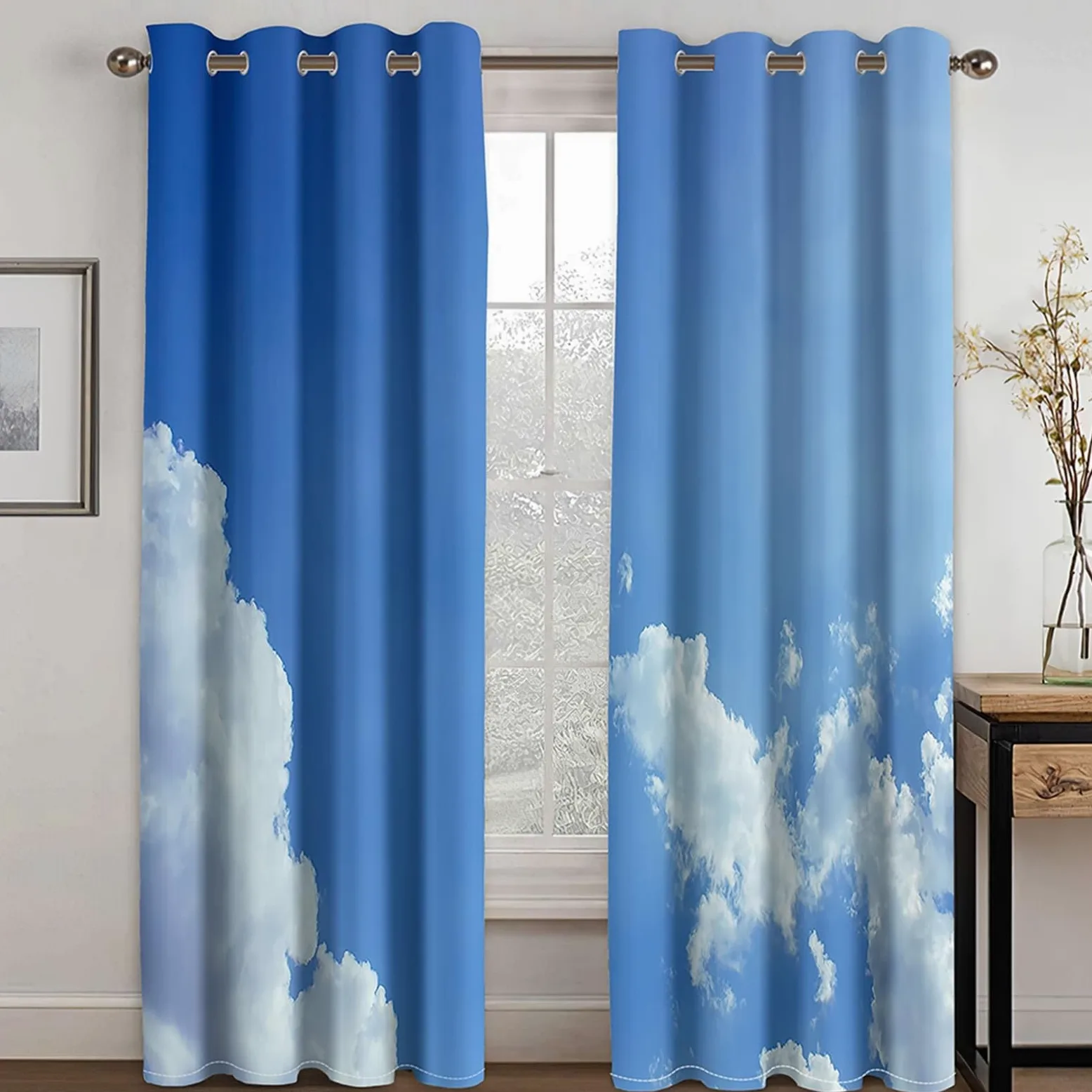 1 Paire Rideau Occultant Fenetre, Rideaux Opaque Occultant à Oeillets Paysage de Ciel et de Nuages Rideau de Fenêtre pour Chambre Salon Intérieurs, 86x214 CM(LxH), Bleu