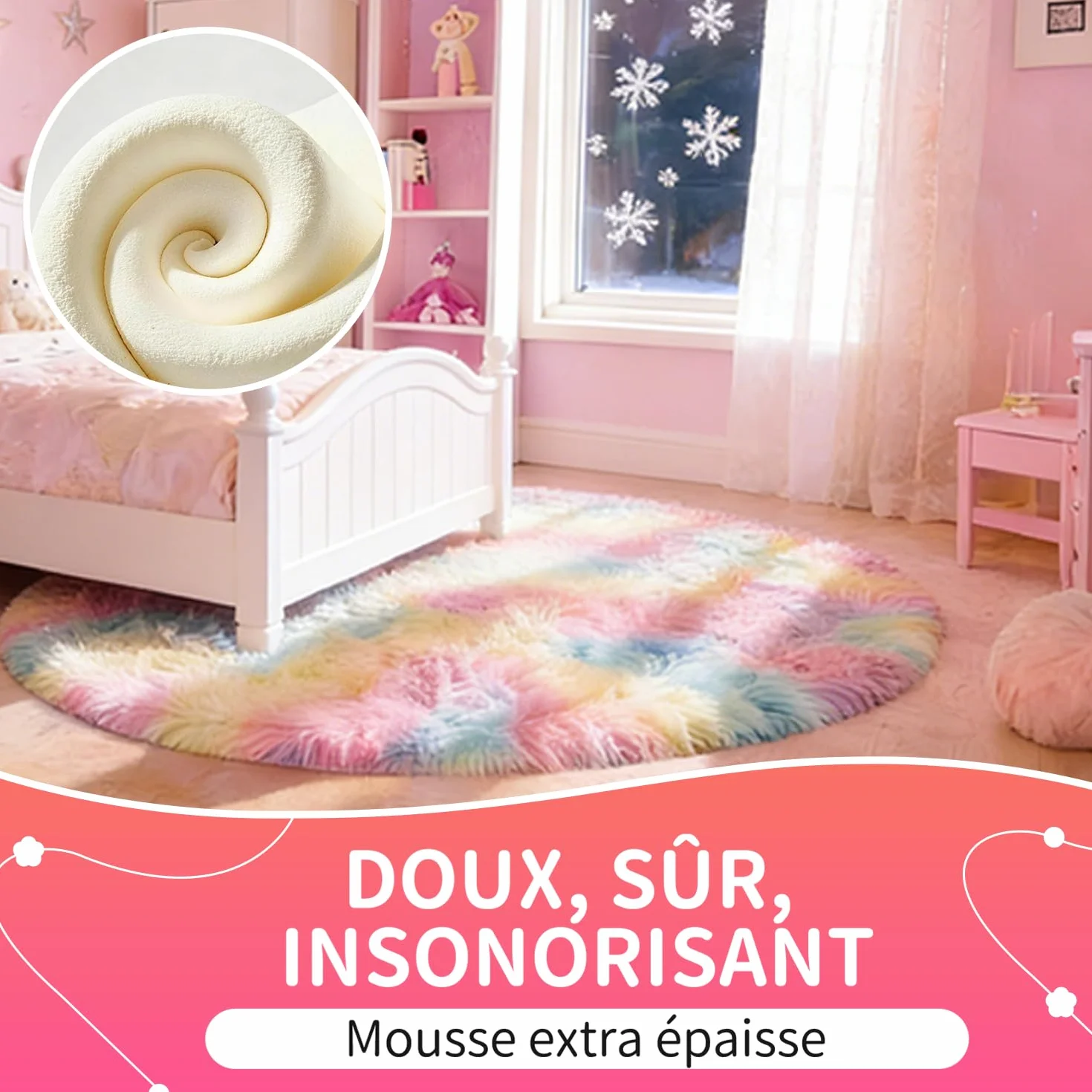 Tapis Rond 120 CM Arc-en-Ciel Lavable Antidérapant Ultra-Doux Fille Chambre