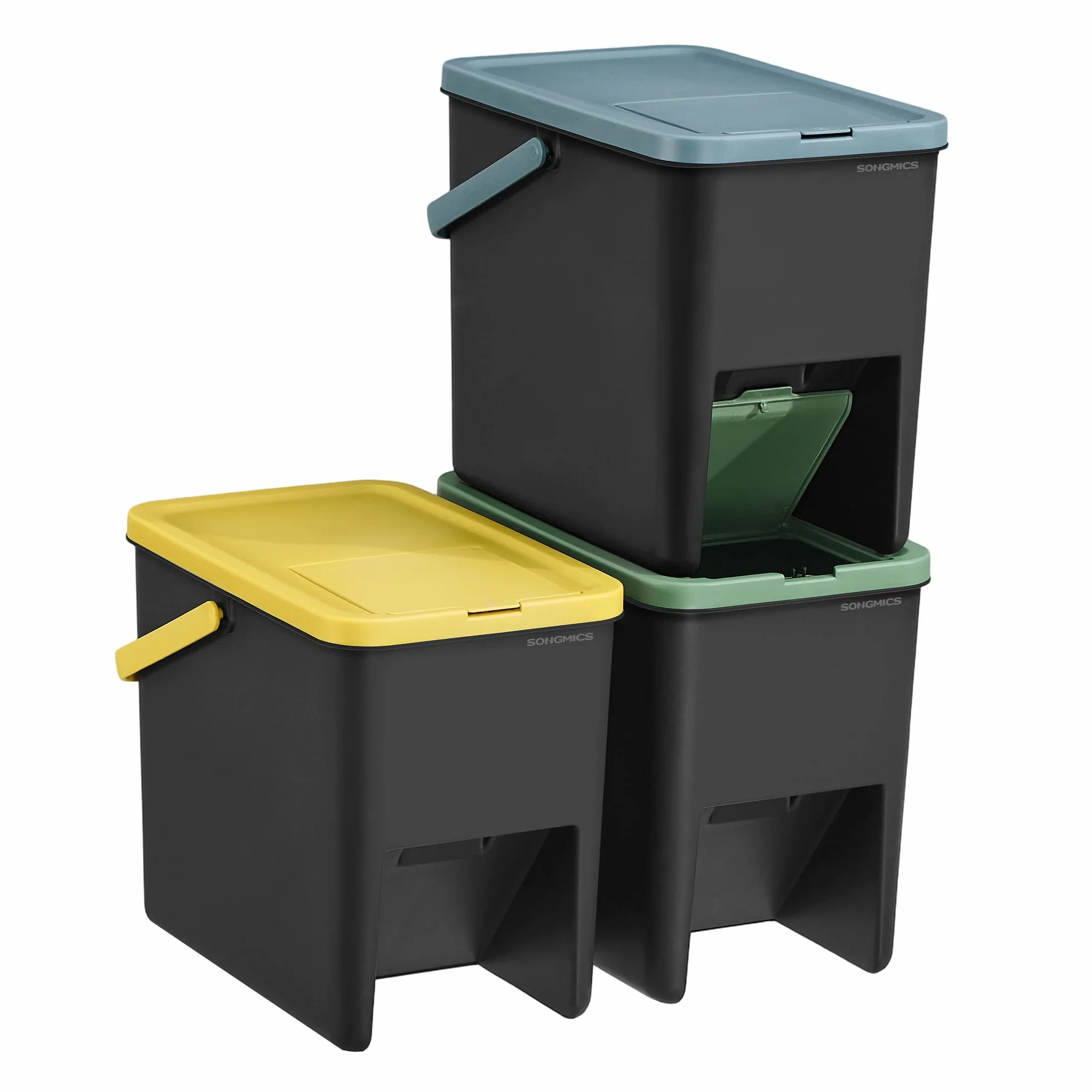 SONGMICS Poubelles de Tri Cuisine Lot de 3 Empilables 20 L Recyclage Jaune Bleu Vert