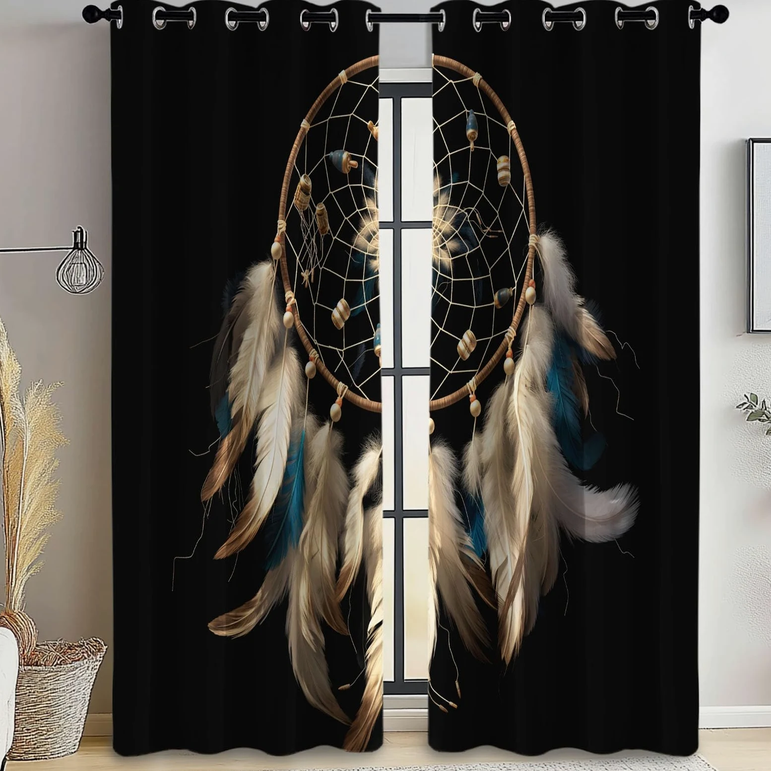 Rideau Occultant Noir Imprimé pour Salon Chambre Fenetre 85L X 200H cm (2 Panneaux) Rideaux à œillets d'intérieur isolés pour la Maison Bohème Fantastique Attrape-rêves Chambre Décoration Rideaux