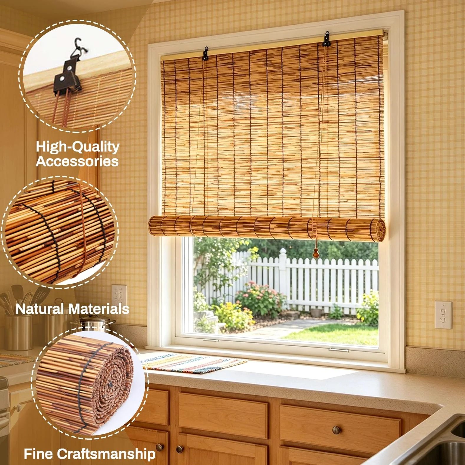 Store Enrouleur Extérieur Naturel Store Bambou Extérieur 100x200 120x160 150x180 150x200cm Rideau De Roseau Avec Levage Stores Venitien Bois Pare Soleil Balcon Terrasse Pergola Fenêtre(W130cmxL200cm)