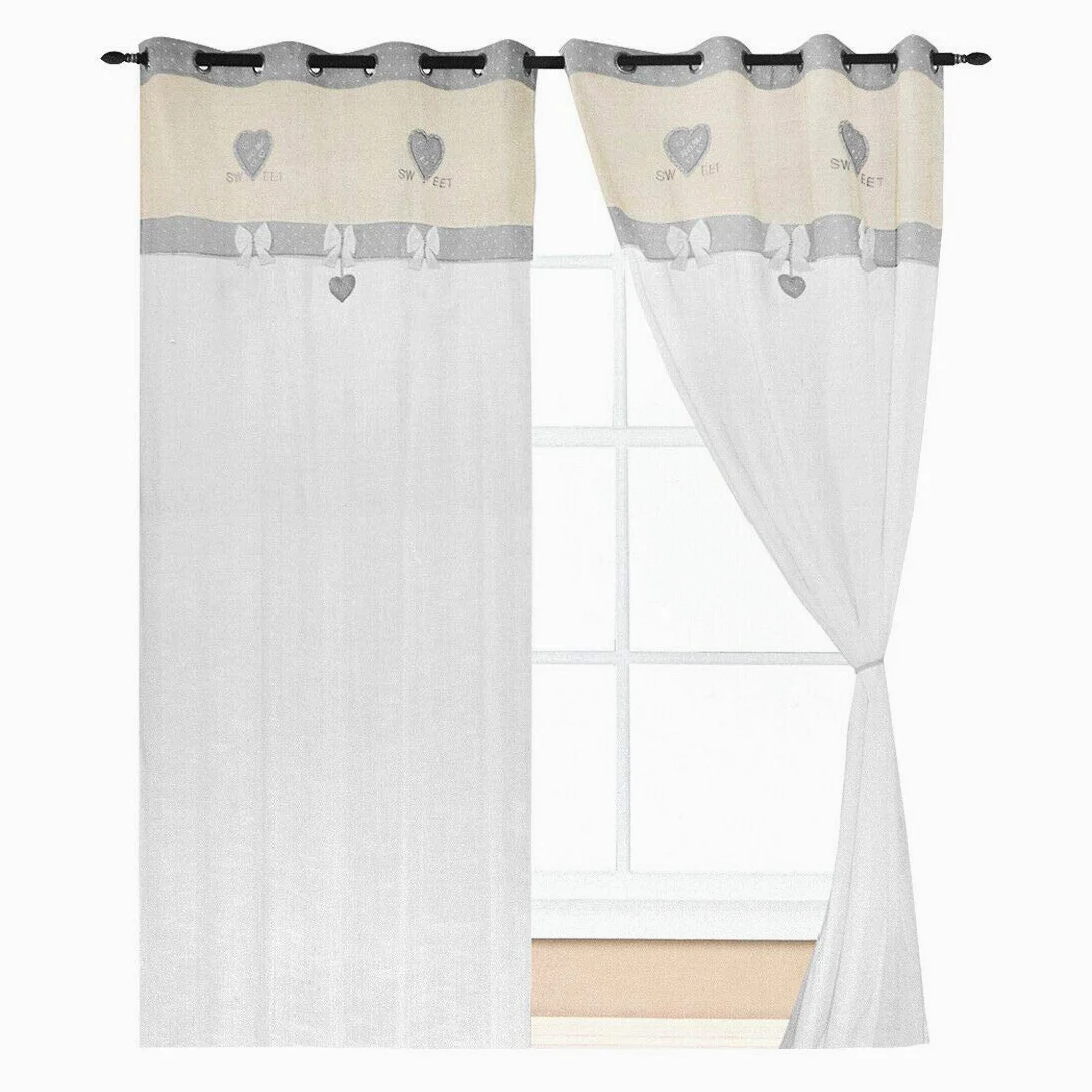 emmevi Paire de rideaux de fenêtre de porte intérieure, tissu maison shabby chic, modèle rideau petits cœurs 140X290 cm, gris