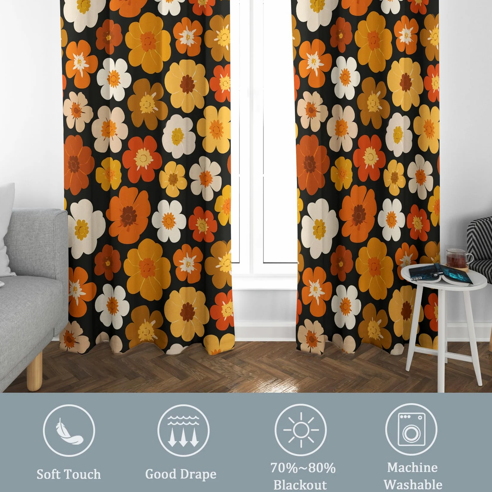 Rideau Hippie Occultant Motif Fleur Orange Jaune Retro Années 70 Rideaux Chambre Salon Cuisine Fenêtre 140 x 245 cm, Oeillets Rail Rideaux Occultants Thermique