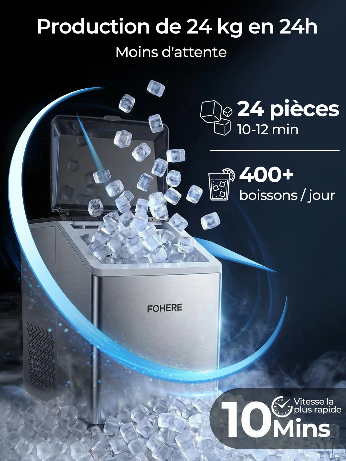 FOHERE Machine à Glaçons Acier Inoxydable 24kg/24h 24 Glaçons 10-15 Min Réservoir 3,2L Auto-Nettoyage Dégivrage Double Alimentation Eau 40 dB