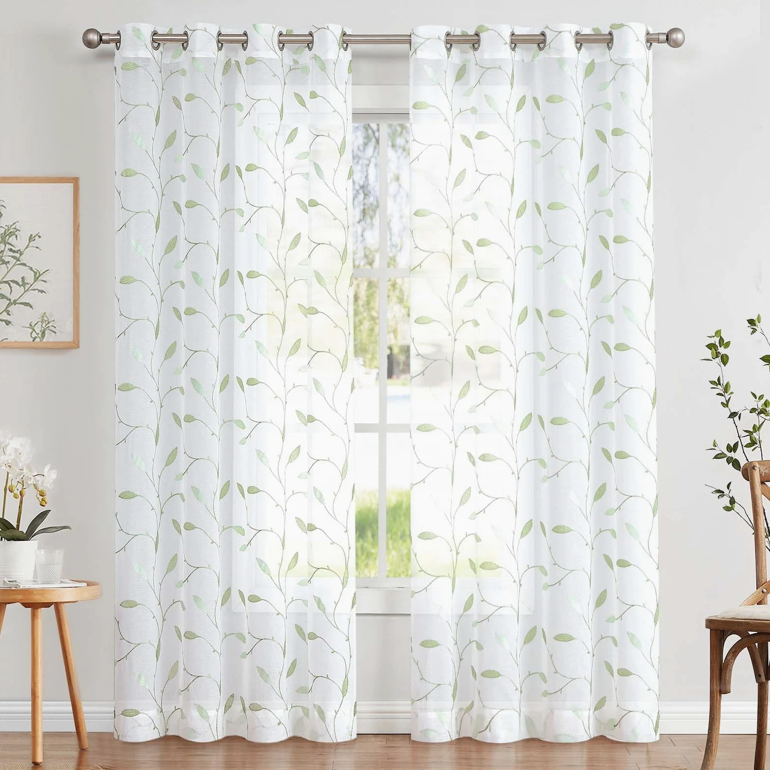 TOPICK Lot de 2 Rideau Voilage avec Oeillets et Feuilles Brodées Rideau Fenetre Transparent Vert sur Blanc Décoration d'Intérieur Romantique Rideau Léger Frais pour Salon Chambre 140 x 225 cm (L x H)