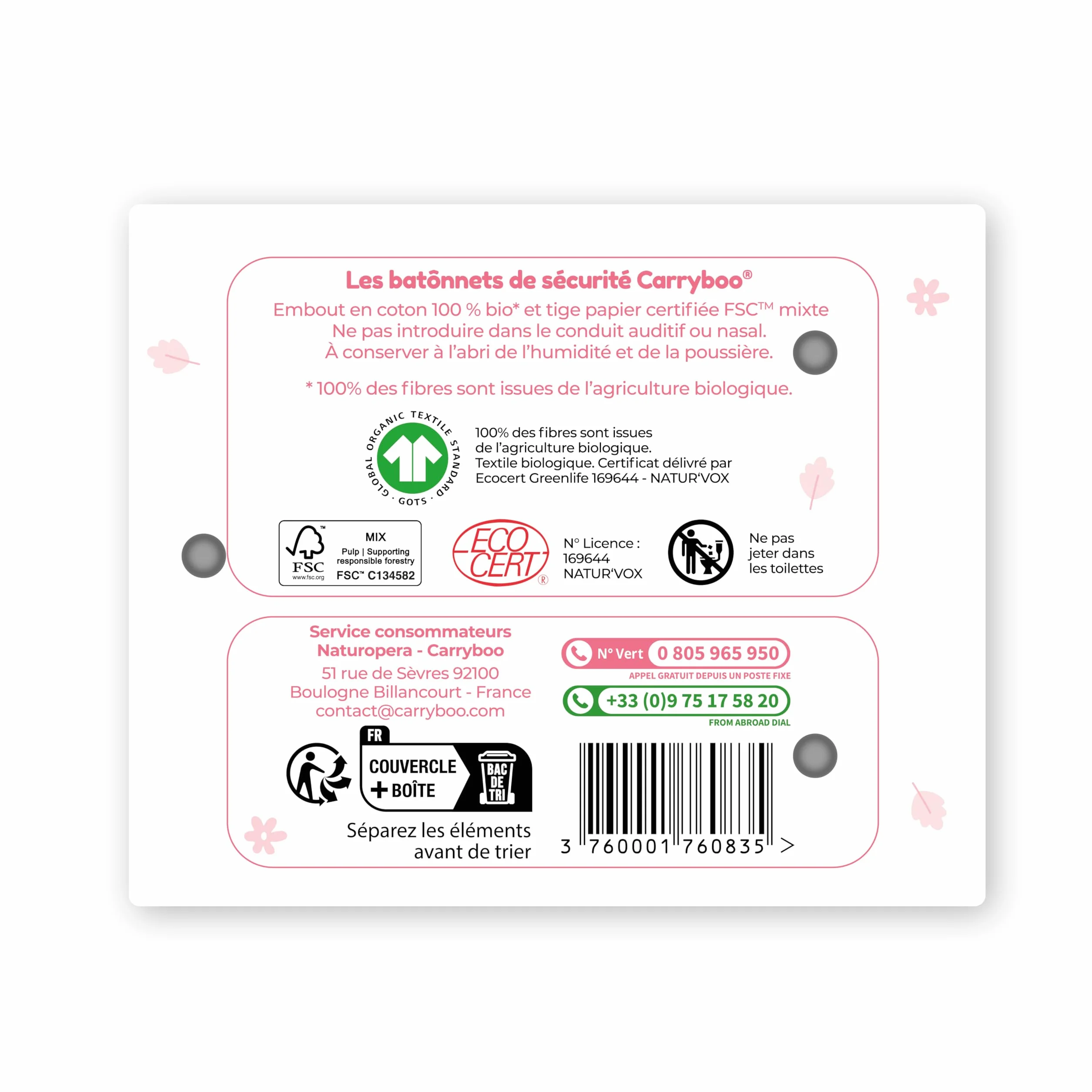 Bâtonnets Sécurité bébé Coton Bio Boite 50