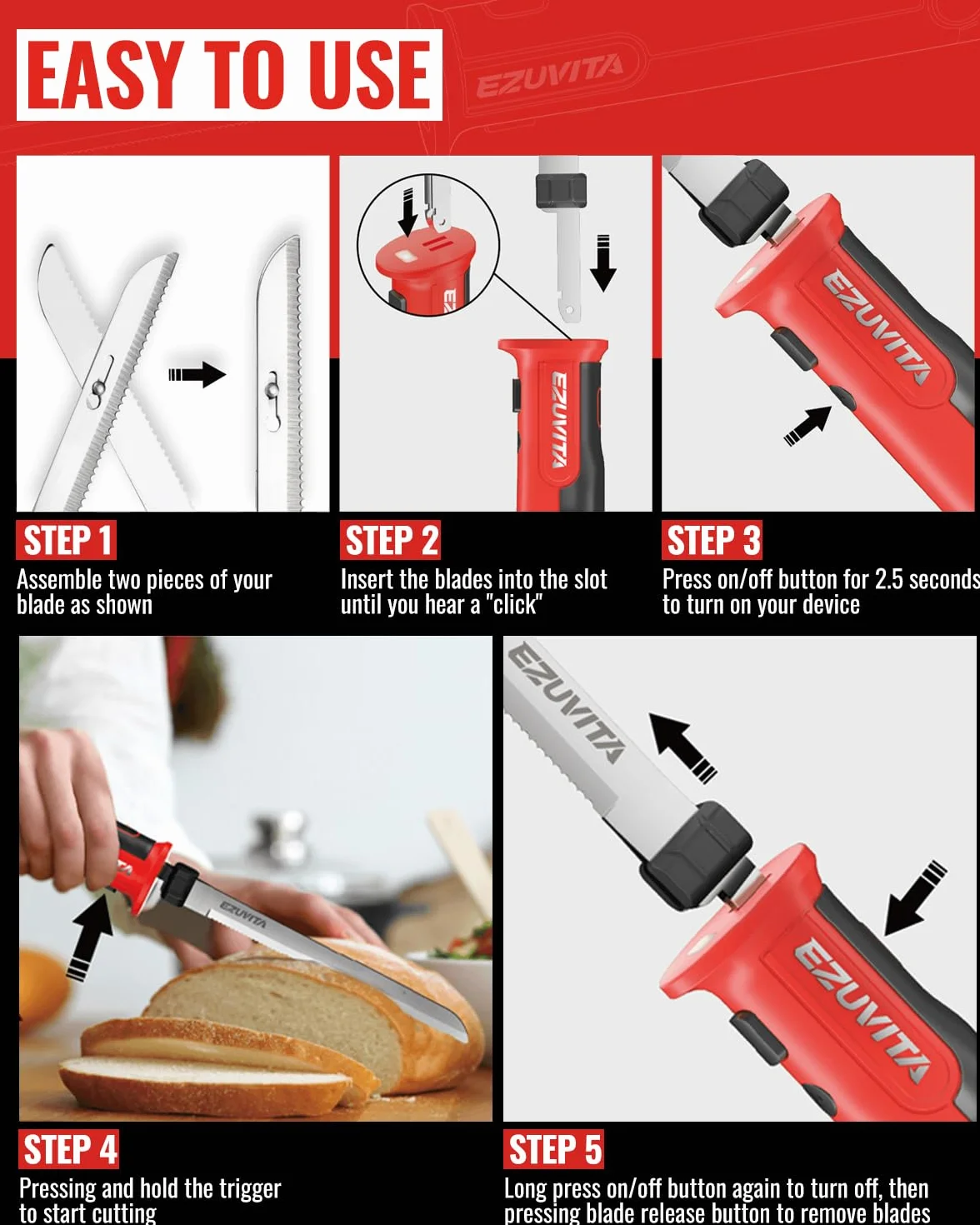 Couteau Électrique sans Fil 8V, Couteau Cuisine avec 2 Lames, Batterie 2000mAh, Rouge