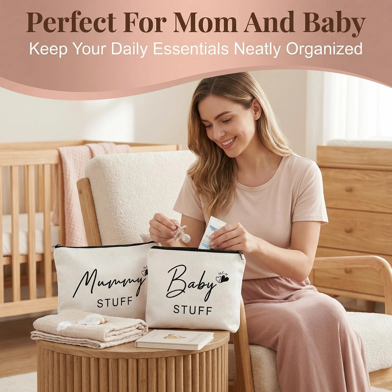 Sac Maman avec Fermeture Éclair pour Trousse de Naissance, Cadeau Bébé Fête des Mères