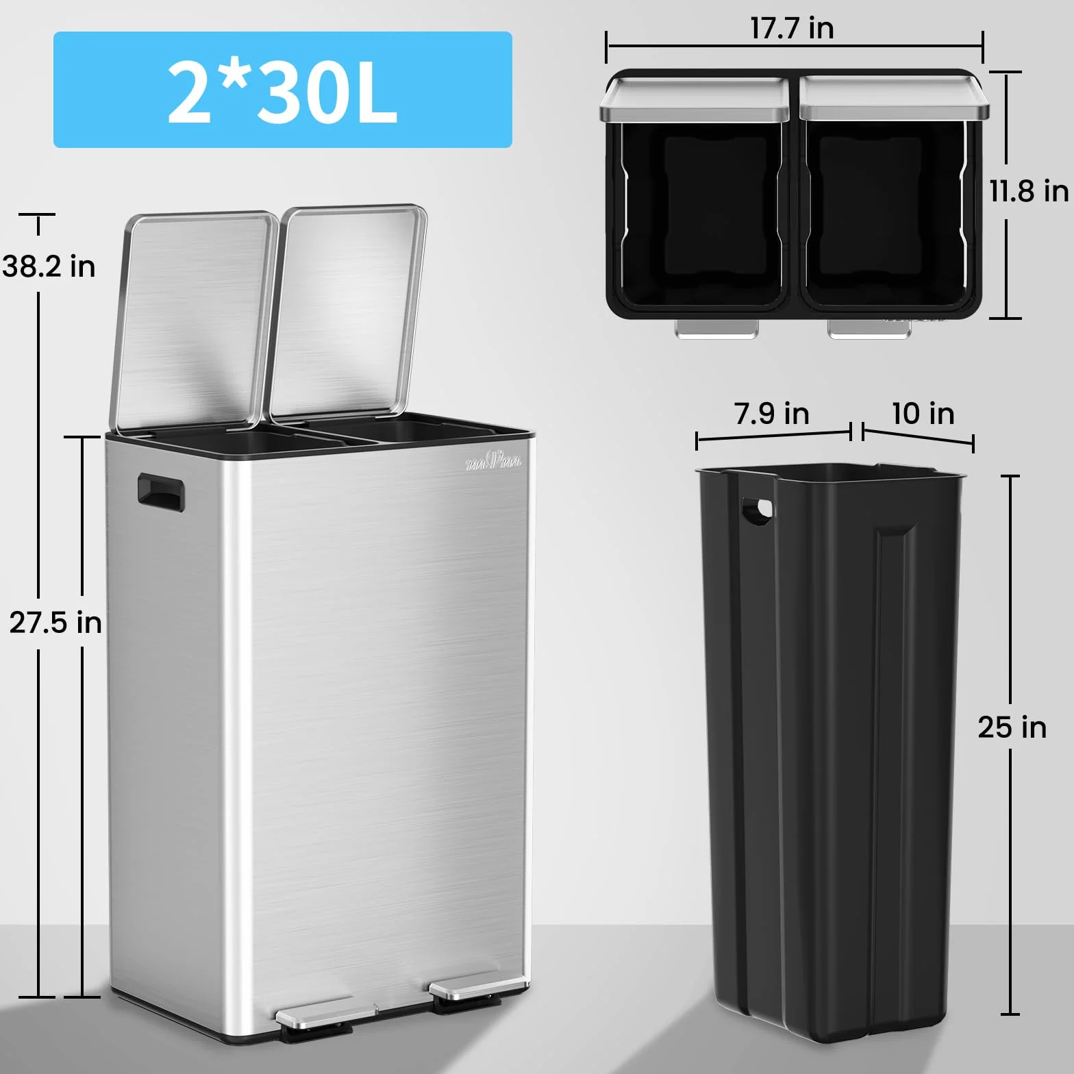Poubelle de Cuisine Acier Inoxydable 2 x 30 Litres Recyclage à Pédales