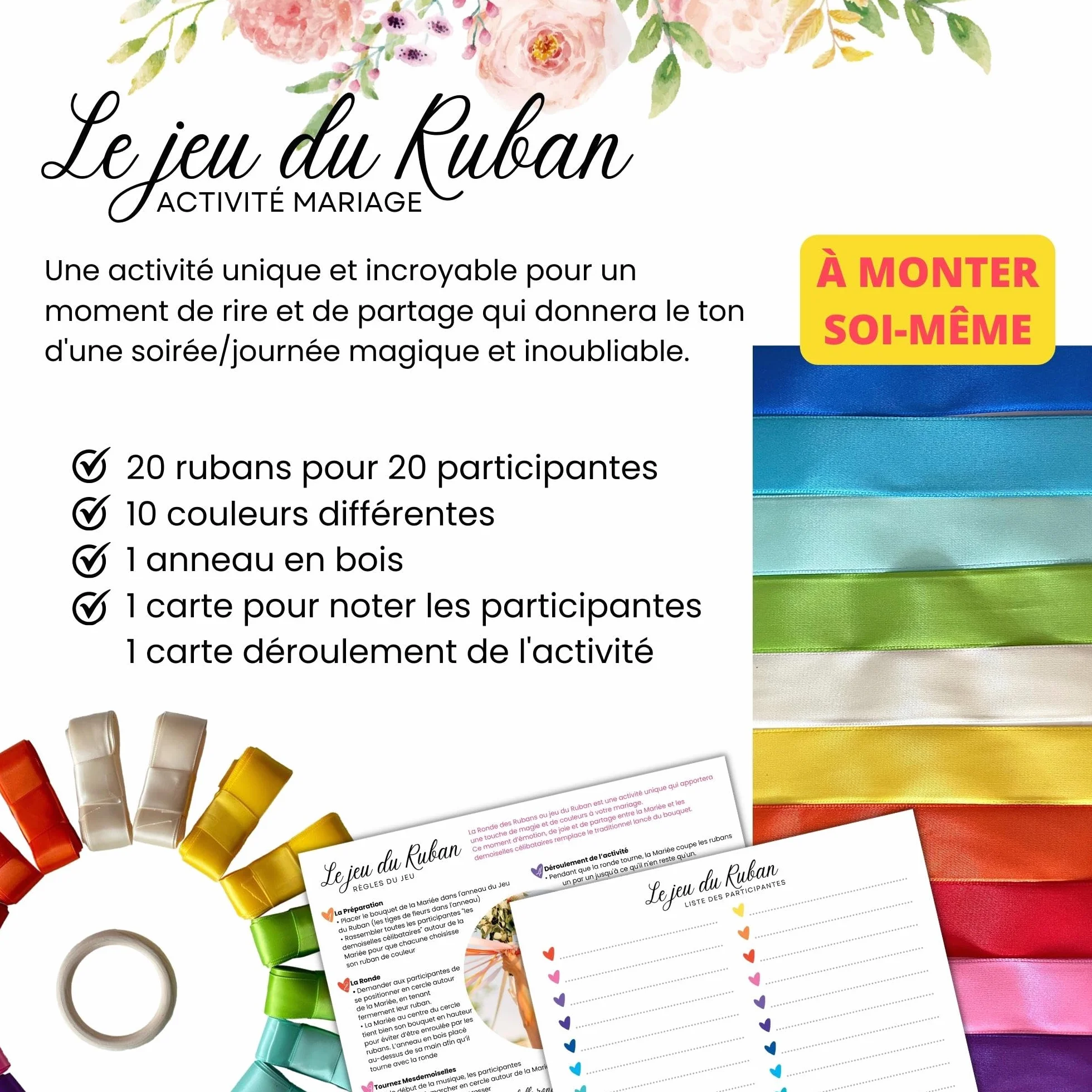 Ruban satin jeu mariage à monter 20 rubans 10 couleurs anneau bois inclus cadeau mariée