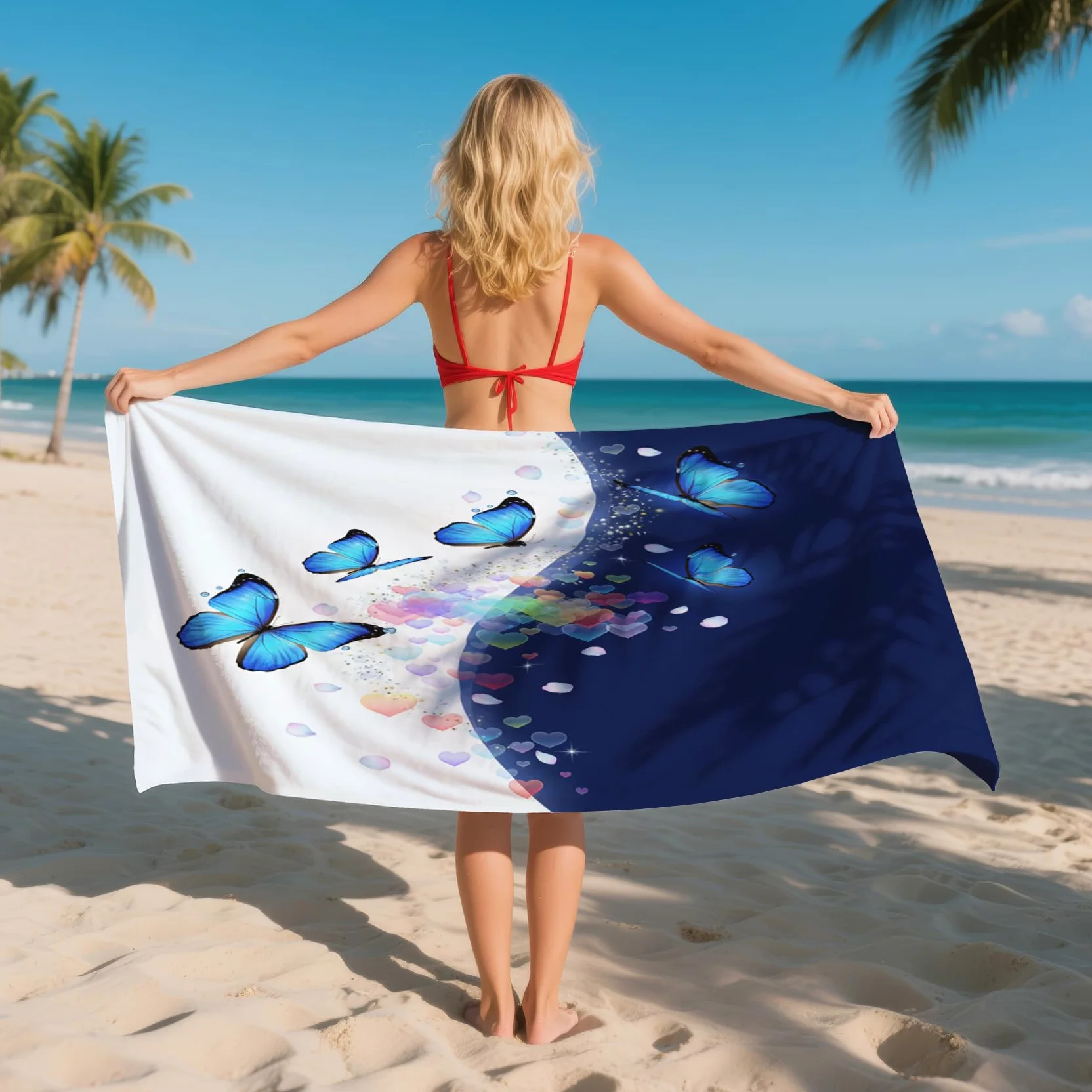 Serviette de Plage XXL Microfibre Papillon Bleu Cœur Romantique, Drap de Plage Séchage Rapide Anti Sable & Légère, Serviette de Bain Grande Taille 200x200 cm, Accessoire & Cadeau été