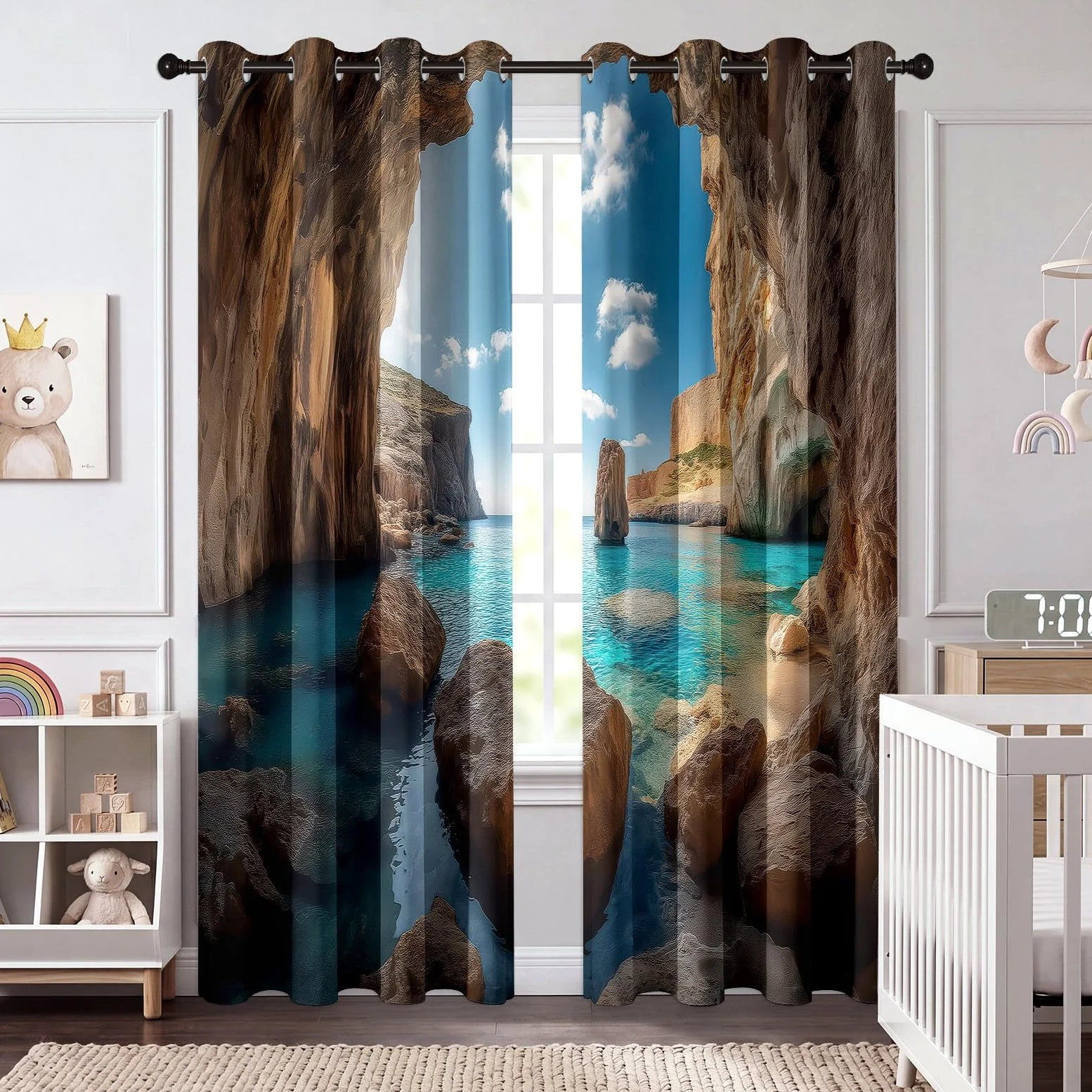 Générique Rideau Occultant Paysage Naturel à Oeillets, Rideaux Thermiques Isolants pour Salon, Grottes Rochers Vagues Nuages Imprimé 3D, Lot de 2 Panneaux 140 X 260 cm (LxH), Décoration de Chambre