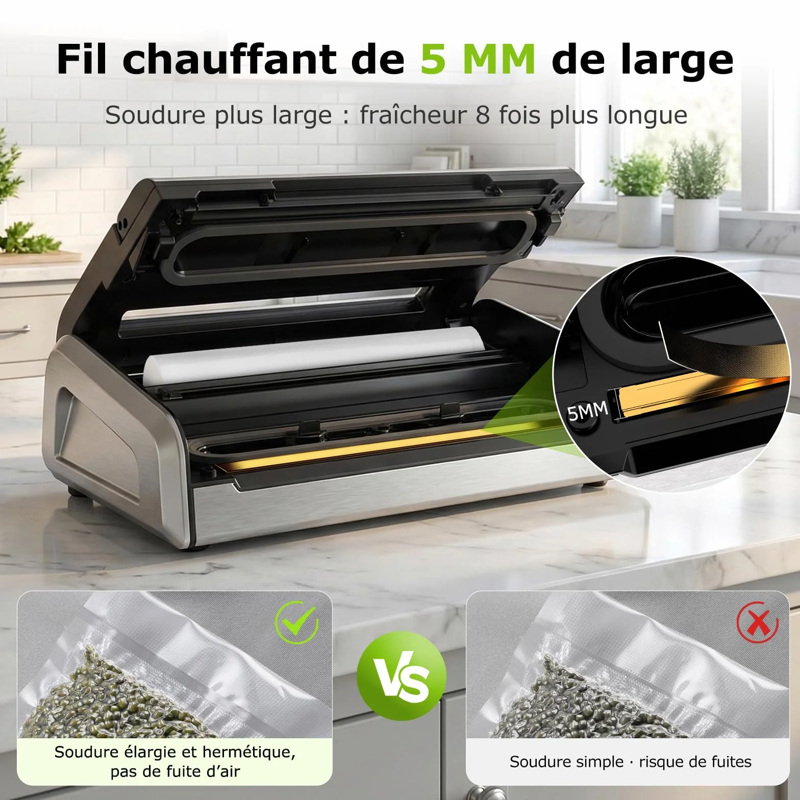 Bonsenkitchen Machine Sous Vide, 5mm Soudure Large Anti-Fuite, Acier Inoxydable, Une Main & Pulse Sec/Humide, VS4200