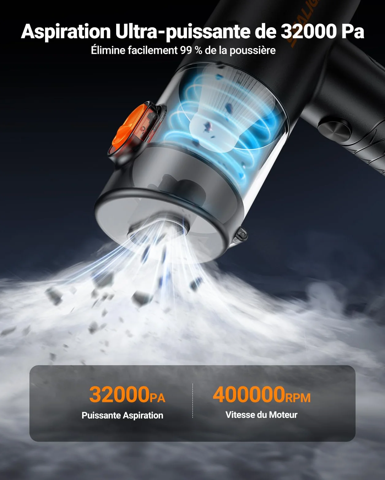 SEALIGHT Aspirateur à Main sans Fil 32000Pa 400000 RPM Moteur Brushless Vidage Automatique 1 Touche
