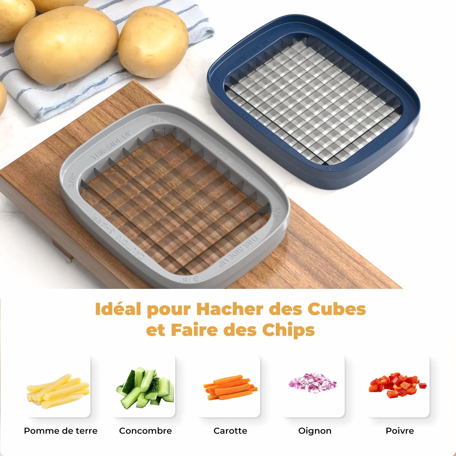 Coupe Frites Manuel, Coupe Frite Rapide avec 3 Lames en Acier Inoxydable, Gris