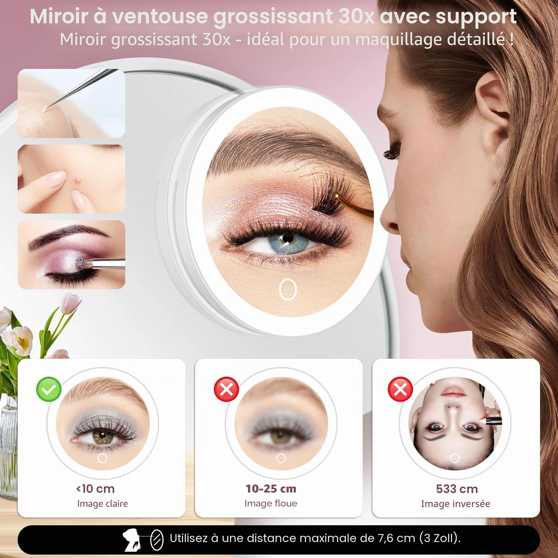 MOMOKUBA Miroir grossissant avec éclairage 30x, Ventouse, intensité Variable, Blanc