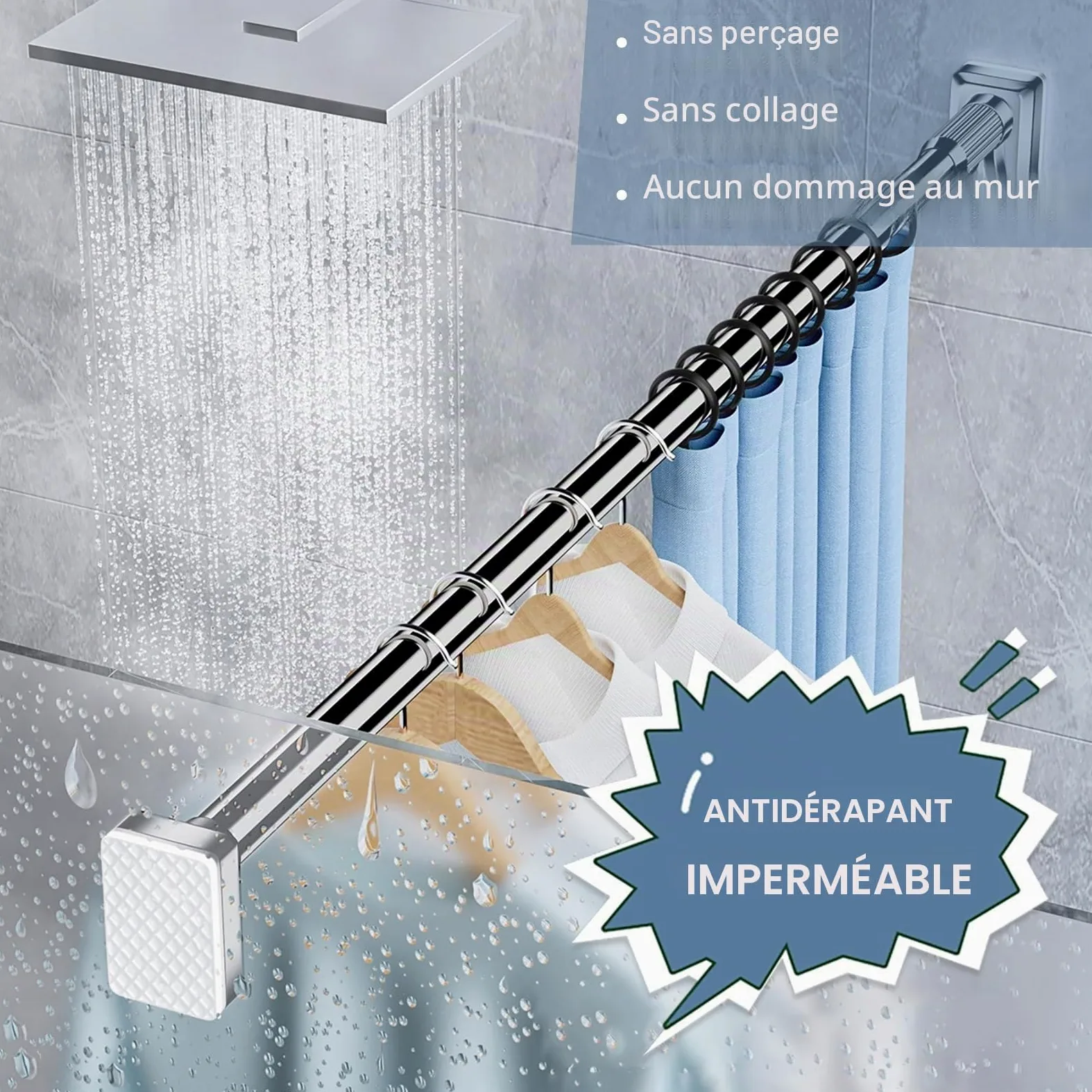 Tringle à Rideaux Sans Perçage 410-500 cm, 360-450 cm, 310-400 cm, Antidérapante, Télescopique, Pour Salle de Bain, Armoire, Fenêtre