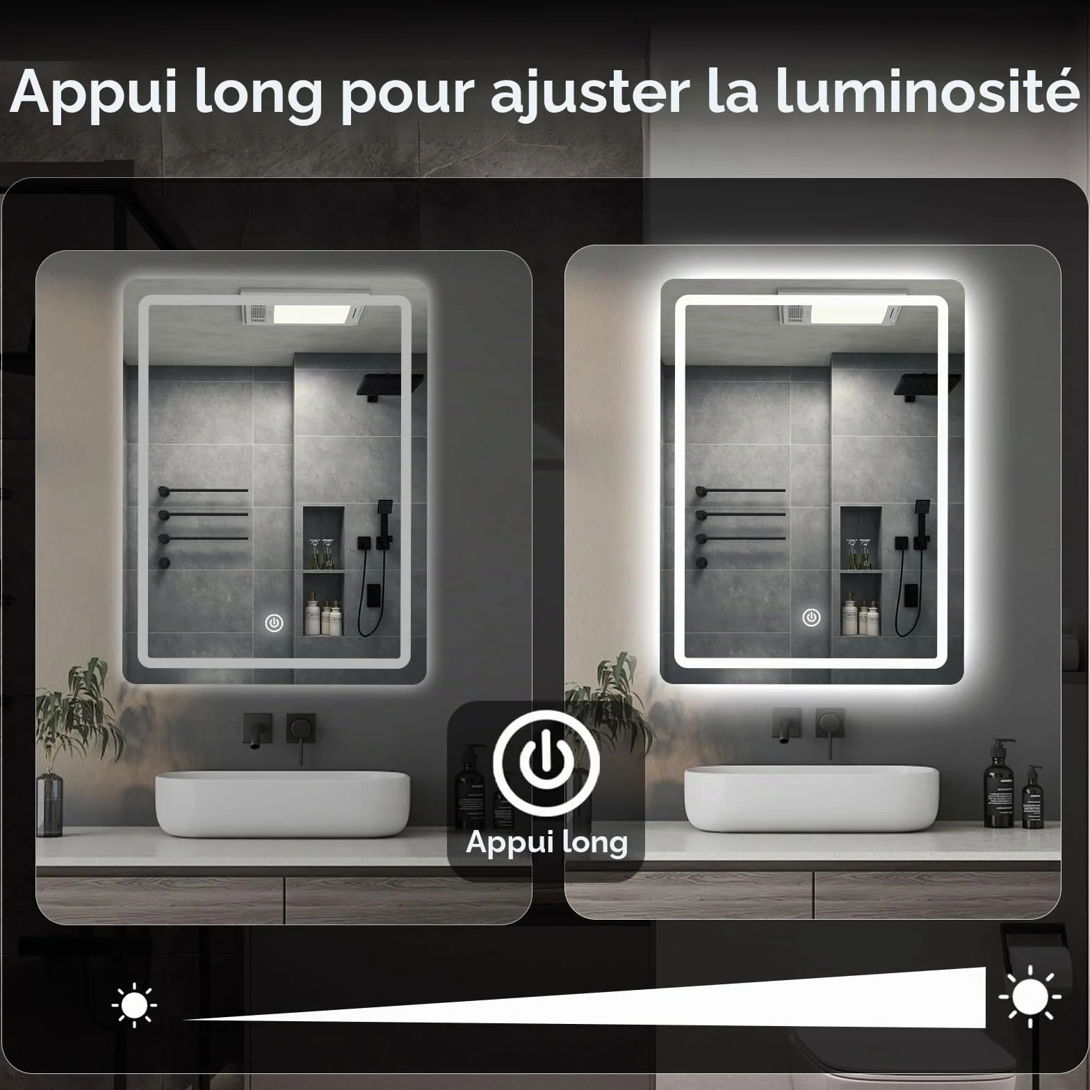 Miroir Mural Salle de Bain LED 60x45 cm 3 Couleurs Intensité Variable Interrupteur Tactile