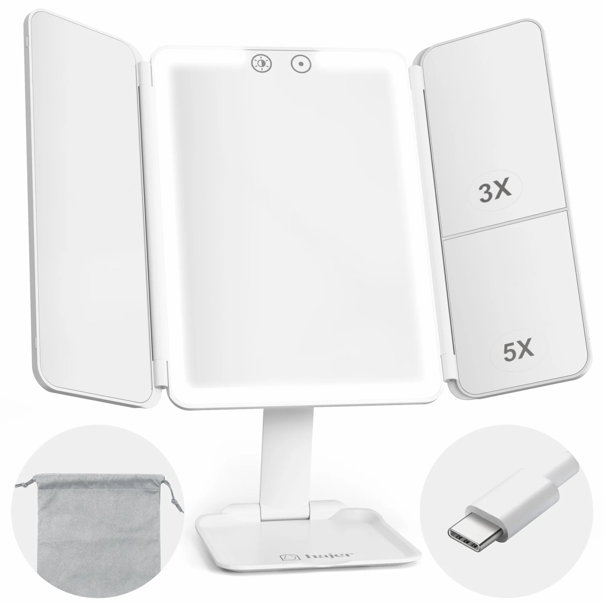 Hajer Miroir Maquillage LED Grossissant 1X/3X/5X 3 Modes Éclairage Tactile Rechargeable USB-C Pliable Voyage
