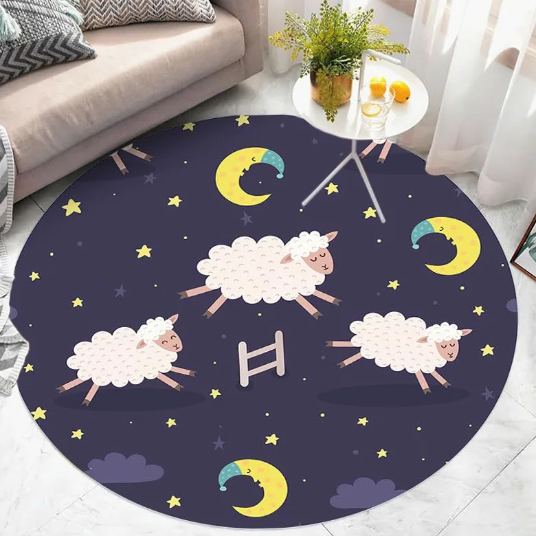 Tapis Rond Mouton Lune Pourpre Tapis Exterieur Rond Anti Slip Lavable Tapis Salon Moelleux Tapis Chambre pour Chambre d'enfant Buanderie Balcon Décor Tapis Rond 100 cm