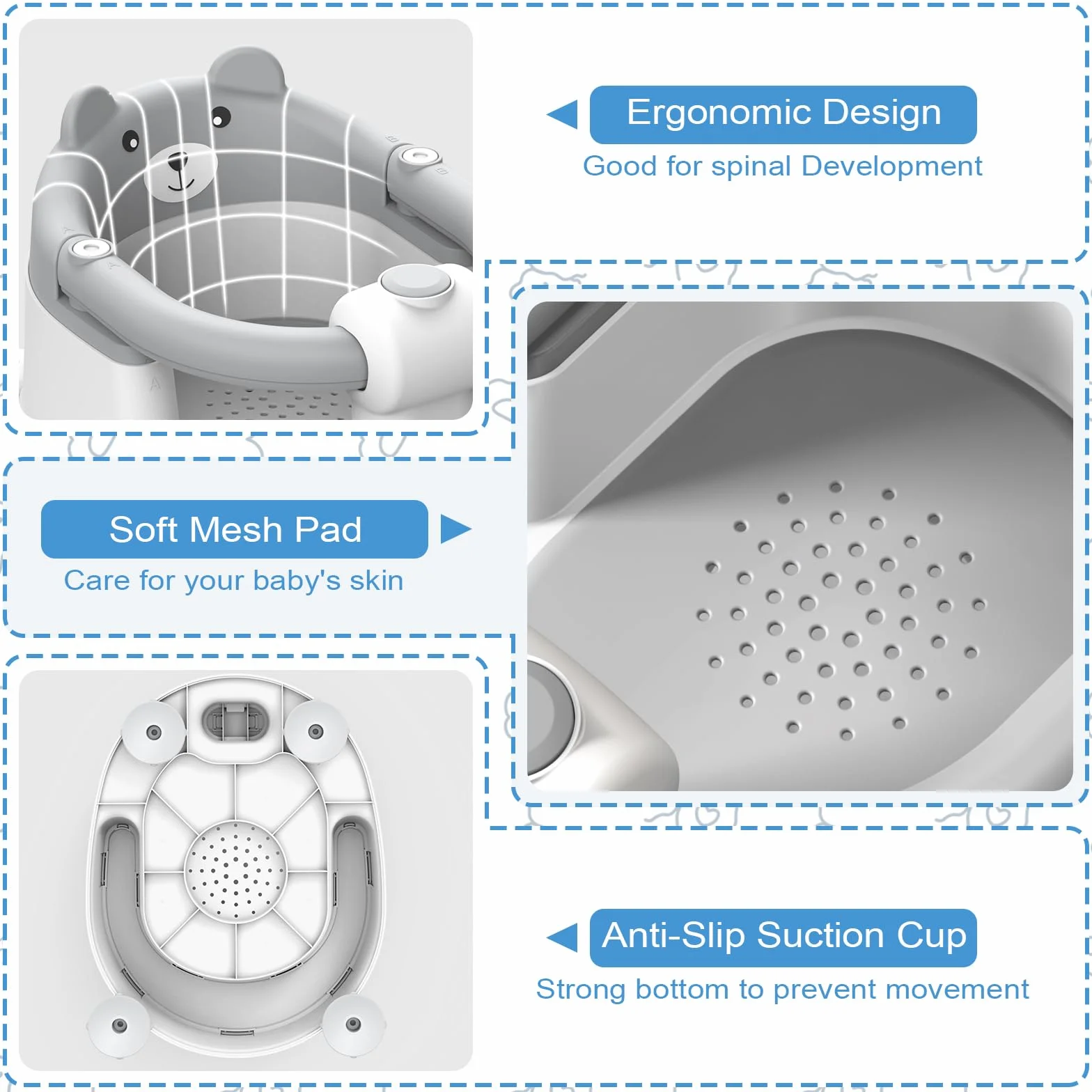 Siège Bain Ergonomique Bébé 6 Mois avec Ventouses Gris Ours