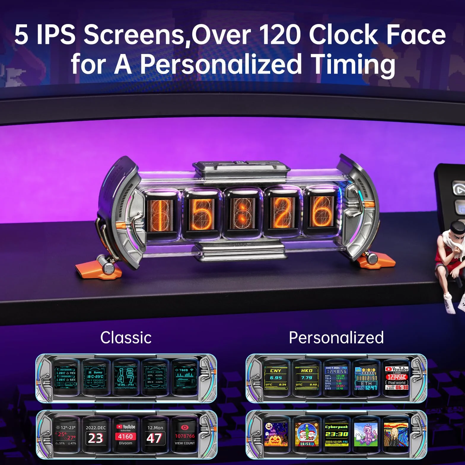 Divoom Times Gate WiFi Pixel Art Display, 5x128x128 IPS LED Clock with APP Control for Gaming Room Silver