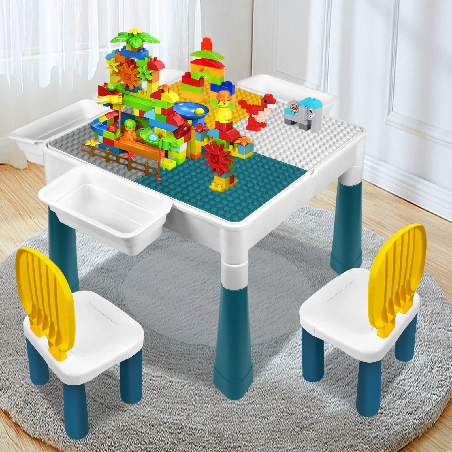 Table 6 en 1 pour enfant avec 2 chaises et 163 blocs de construction - Table d'activité multifonction plateau double face