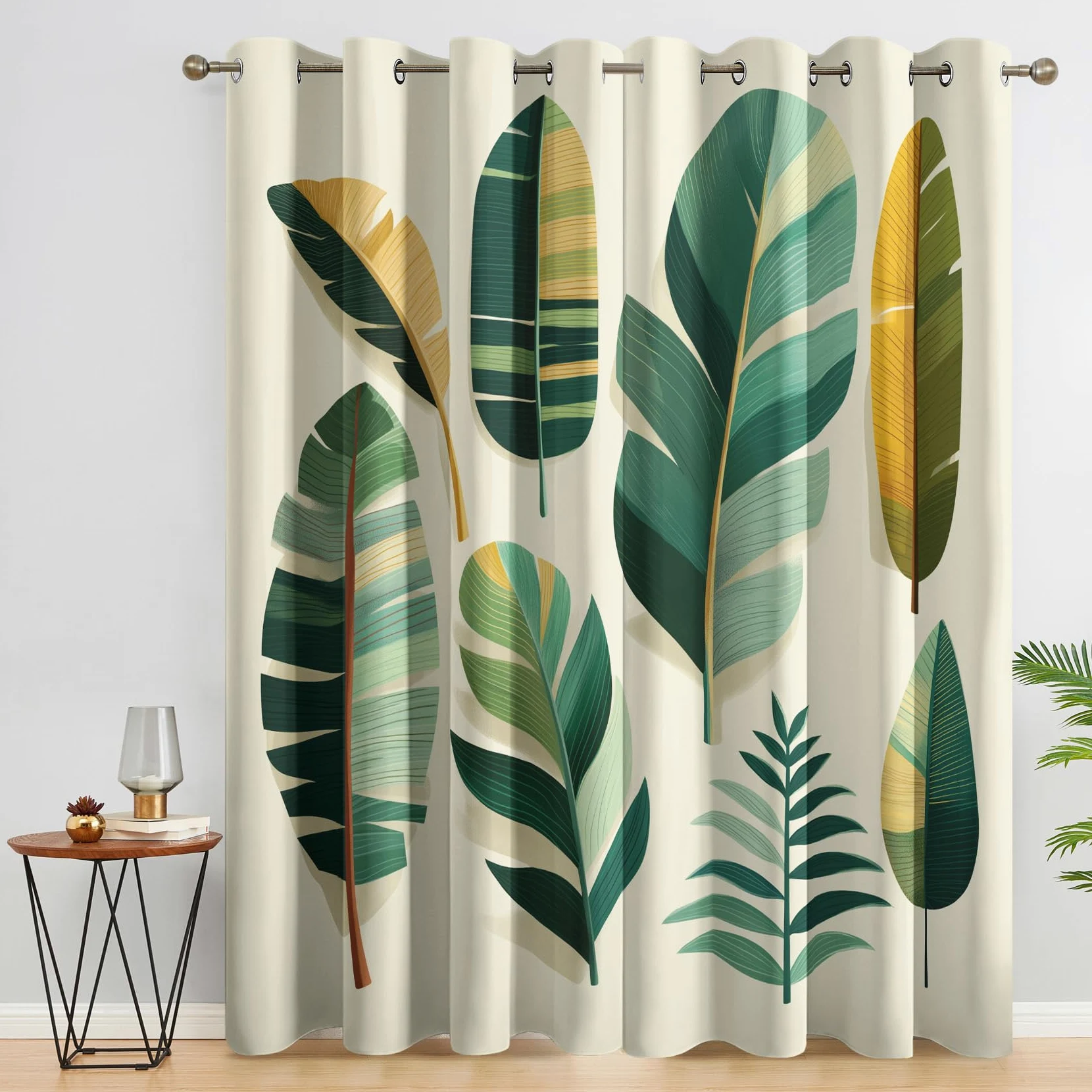 Rideau Occultant Feuille De Bananier, Feuilles Tropicales Motif Rideaux Thermiques à Oeillets, Rideaux Imprimé pour Salon Chambre Fenetre Moderne Décoration, 117x183 cm (L x H), Lot de 2