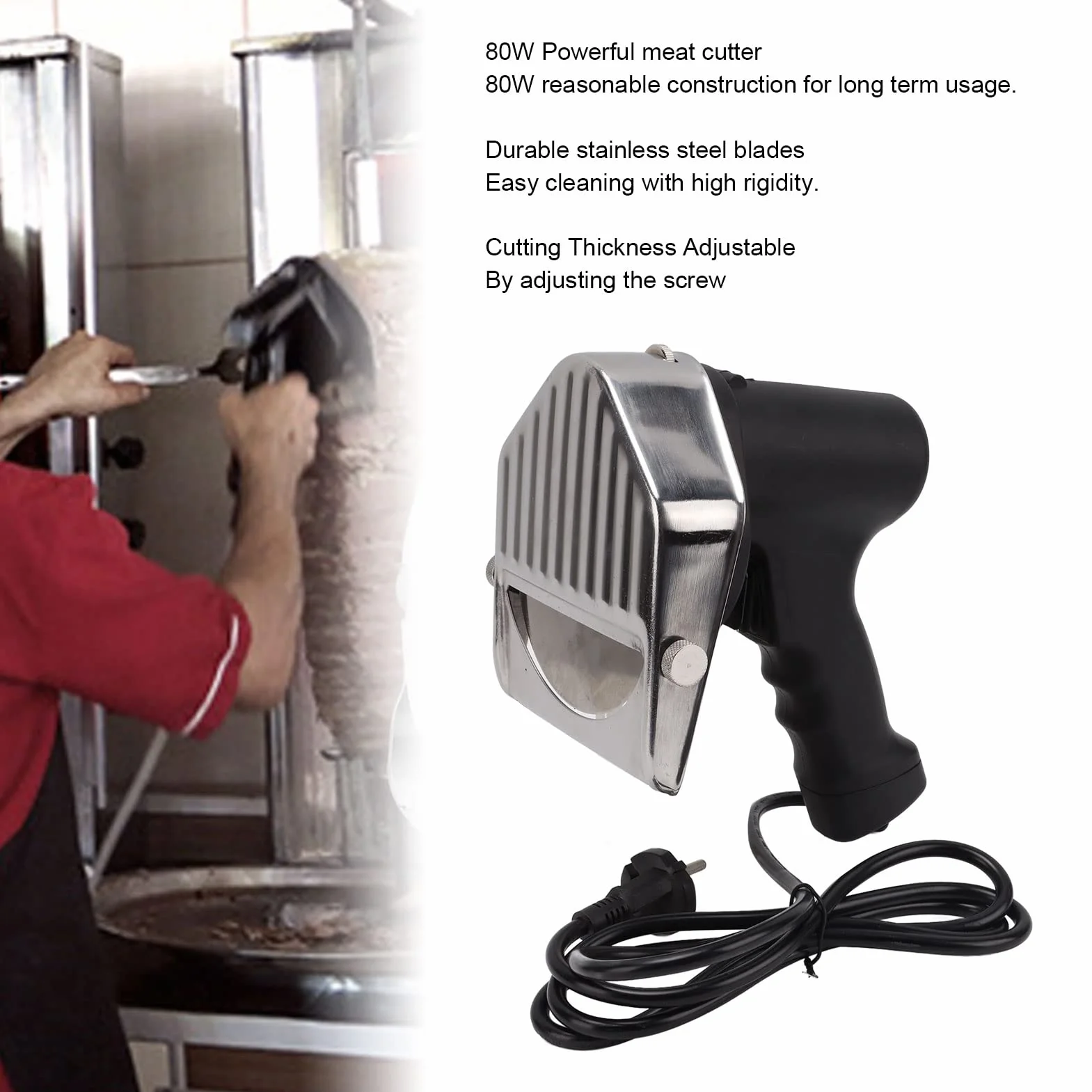Topyond Couteau à Kebab électrique 80W, épaisseur Réglable, 110-220V