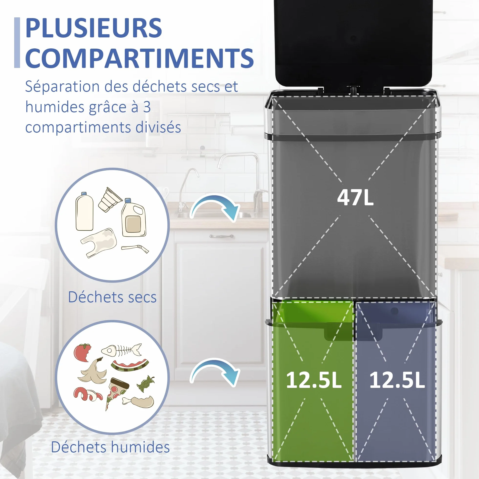 HOMCOM Poubelle de cuisine automatique Tri Sélectif 72L 3 compartiments acier inox 42 x 30 x 81 cm