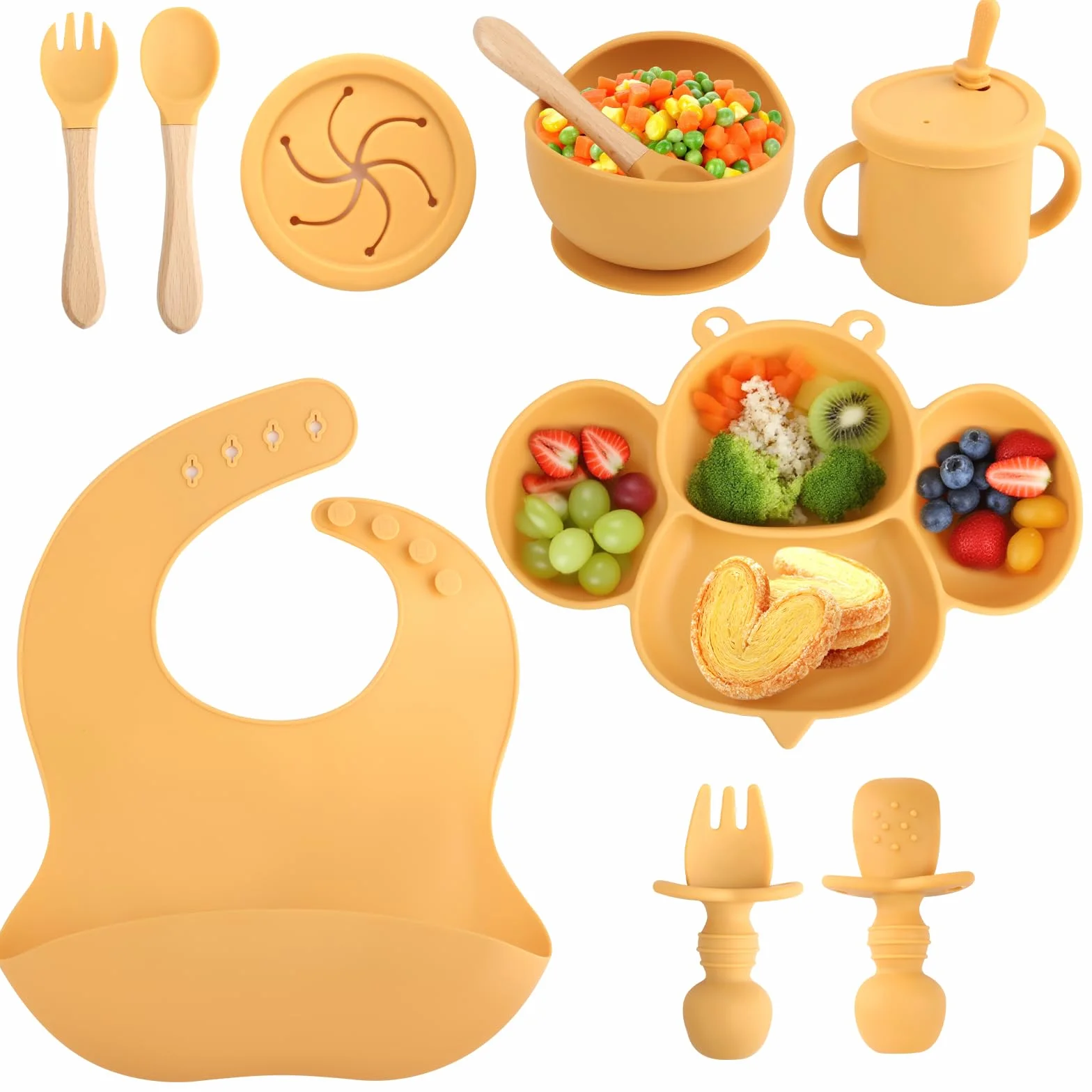 Set Repas Bébé Silicone Antidérapant avec Ventouse 8 pièces Assiette Gobelet Cuillère Fourchette Bavoir Jaune