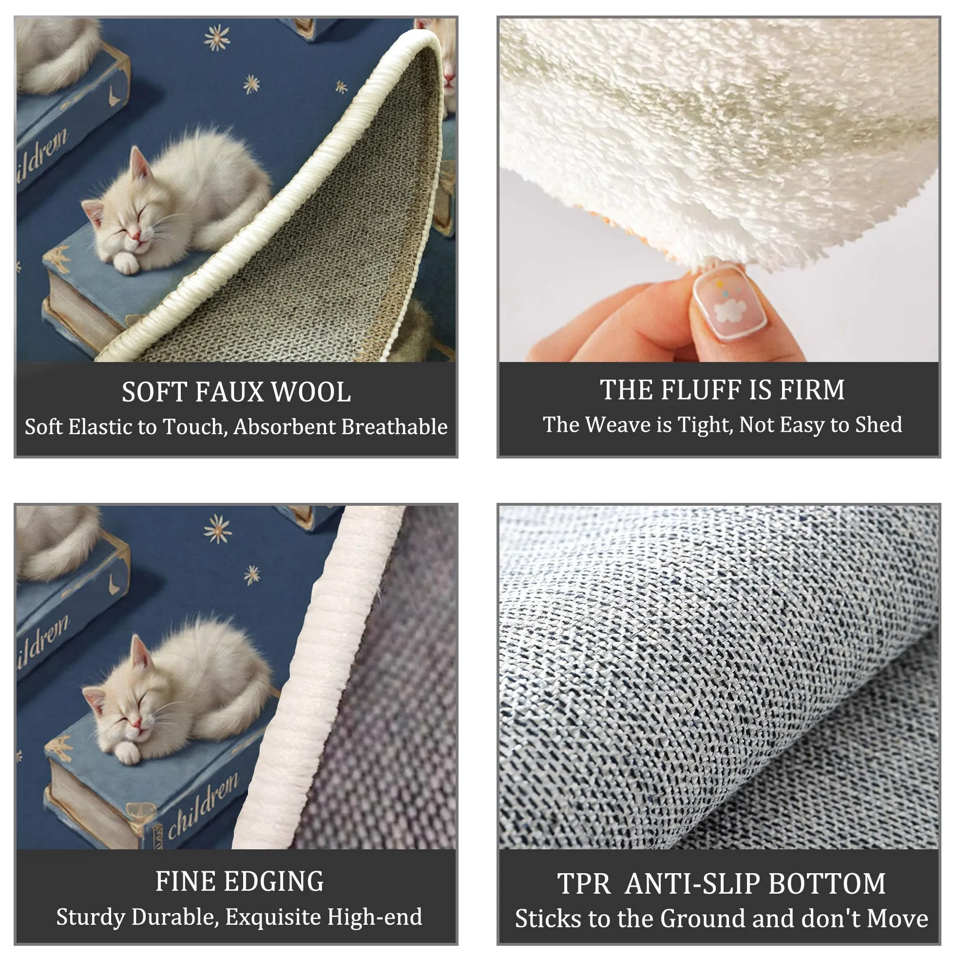 Tapis Rond De Chambre d'enfant 100 Cm - Chat Mignon Livres Bleu Marine - Motif Animaux Ciel Étoilé - Moelleux Et Antidérapant - Tapis De Salon À Poils Courts - Lavable - Moderne Doux