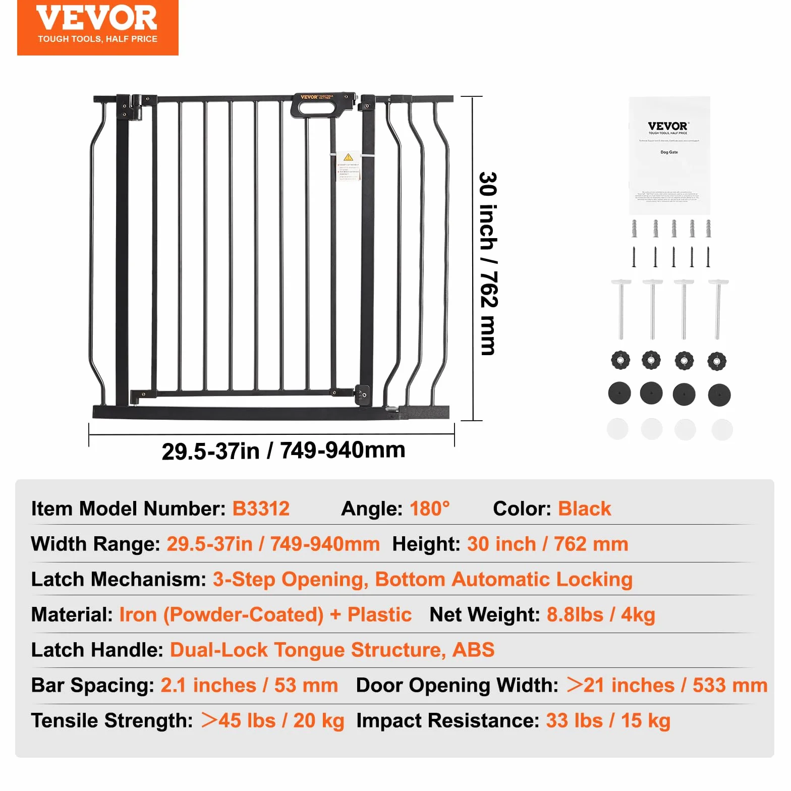 VEVOR Barrière de Sécurité Extensible 75-99 cm Hauteur 76 cm Fermeture Automatique sans Perçage Noir