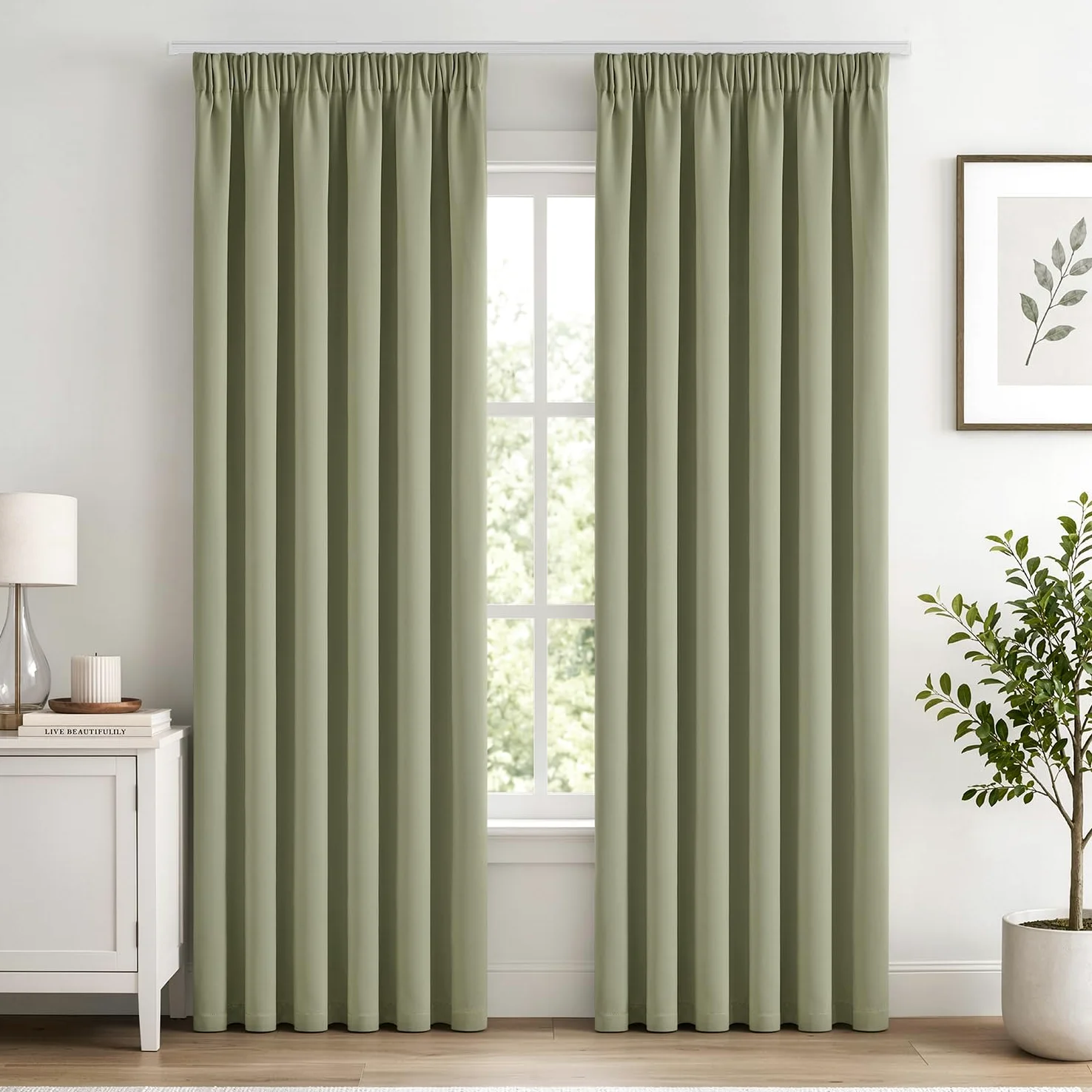 Woaboy Rideau occultant Galon fronceur 2 Pièces L140 H200 Vert Sauge | Rideau totalement occultant, isolant chaud et froid, atténue les bruits, équipé d'un galon fronceur pour salon et chambre