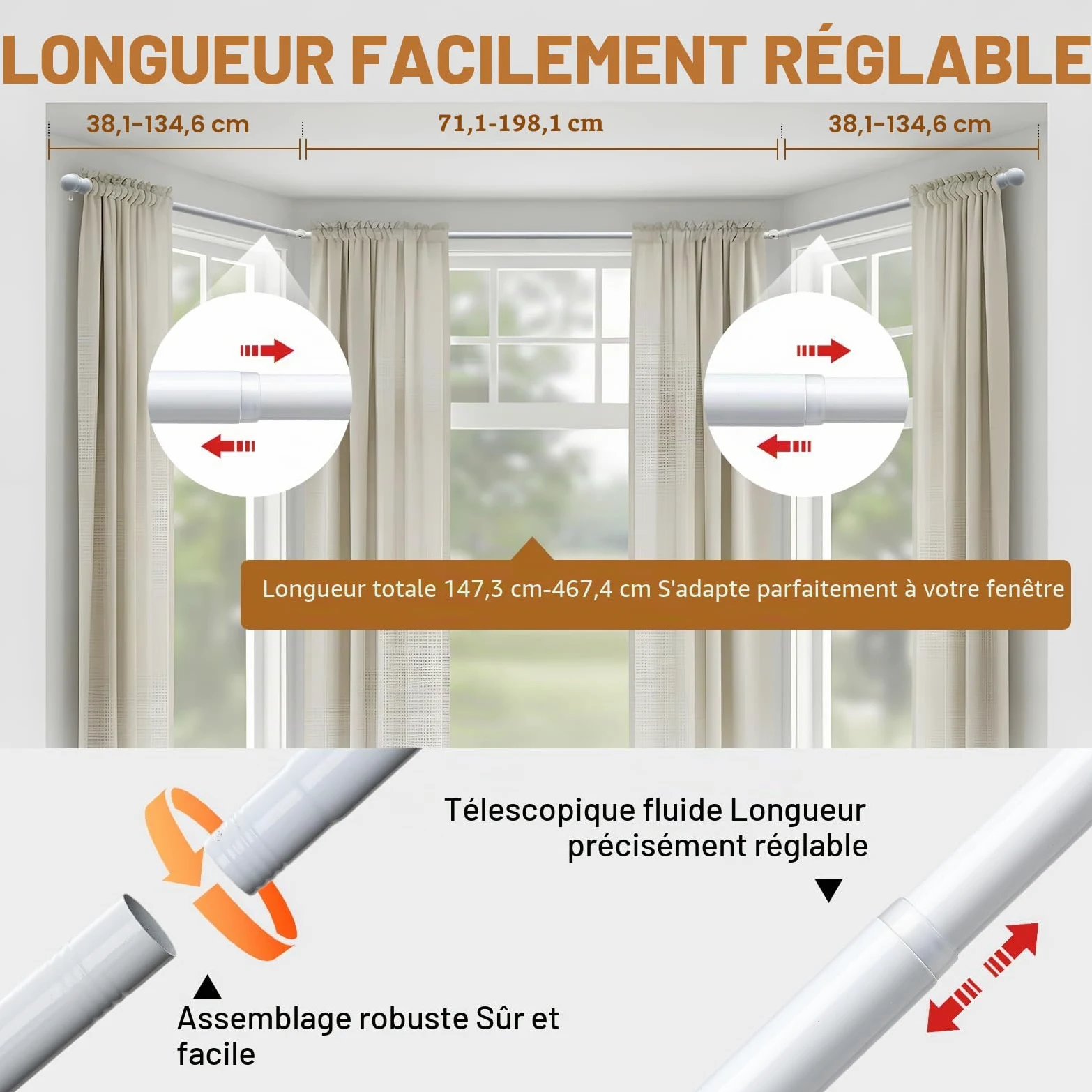 Tringle à rideaux d'angle réglable et robuste en forme de U avec supports pour fenêtres – 91,4 à 406,4 cm – Blanc