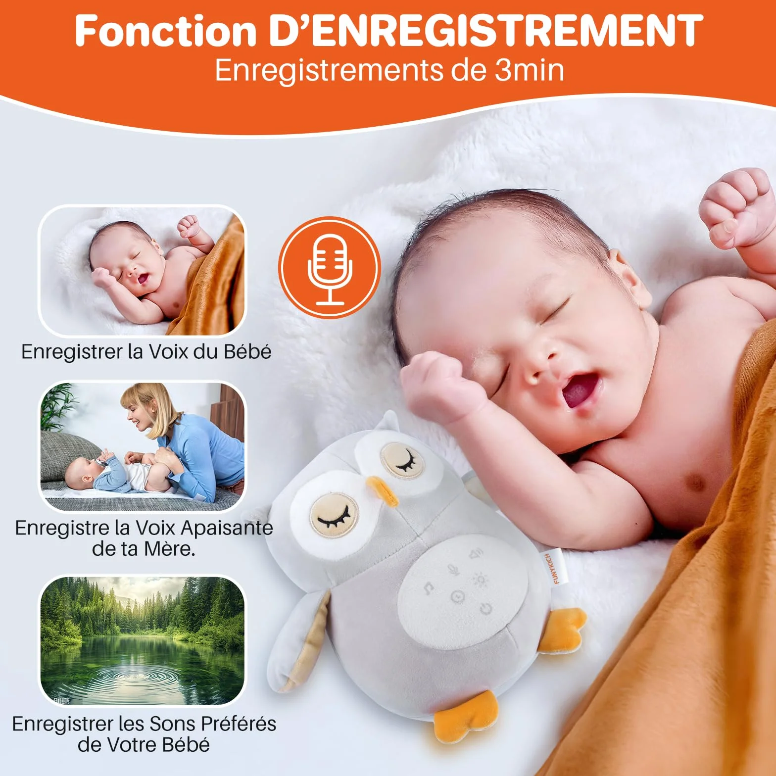 Peluche Hibou Apaisante avec Bruit Blanc pour Bébé Jouet Musical Lumineux Veilleuse Lavable en Machine