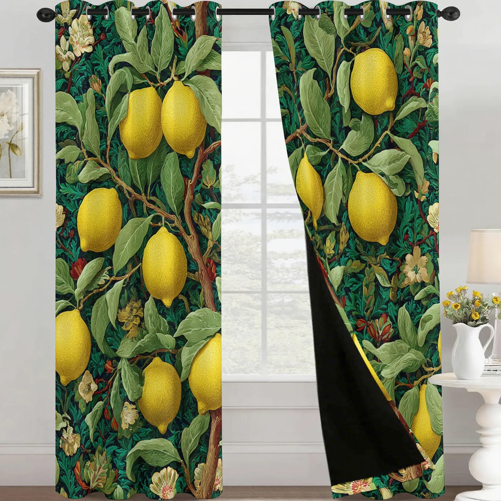 Rideau Citron Occultant Motif Vintage Fruit Arbre Rideaux Chambre Salon Cuisine 140 x 245 cm, Oeillets Rail Rideaux Occultants Thermique