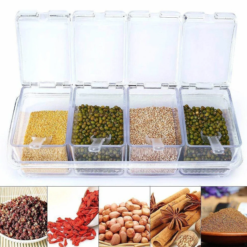 YIQI Assaisonnement Set 4 pièces Bouteilles Transparentes Sel Spice Jar Pots à épices Cuisine Condiment Jarres de Stockage avec Cuillères