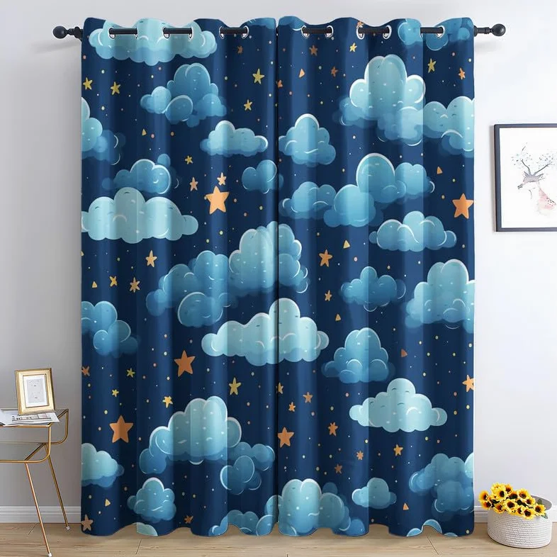 Rideau Occultant Nuages, Rideau Isolant Thermique pour Salon Chambre, Rideaux Motif étoiles, Rideau Opaque à Oeillets, Lot de 2 Rideaux et Draperies Intérieurs 140x220 cm (LxH)