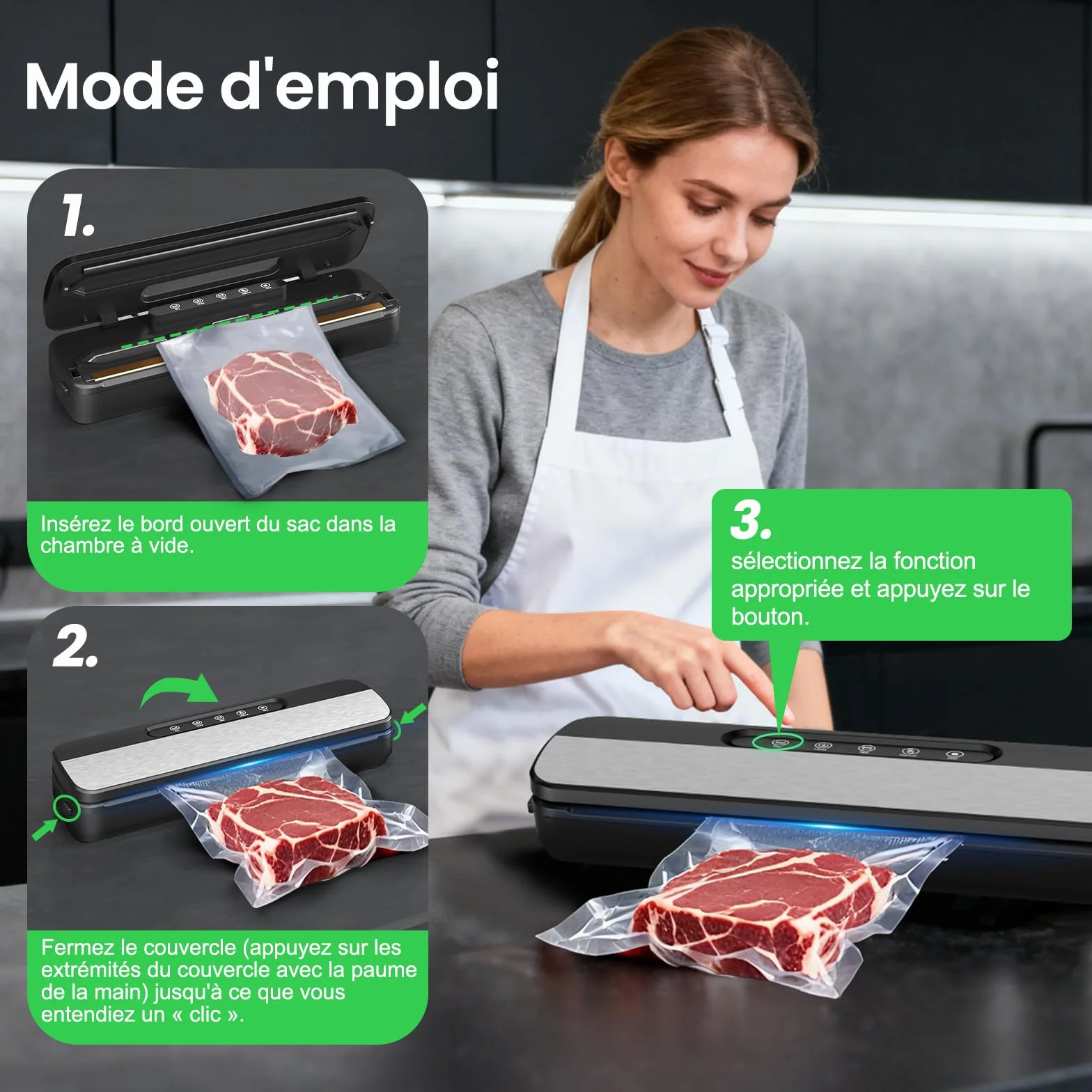 Raycial Machine Sous Vide Alimentaire 7-en-1 130W 90 kPa avec Cutter et 10 Sacs