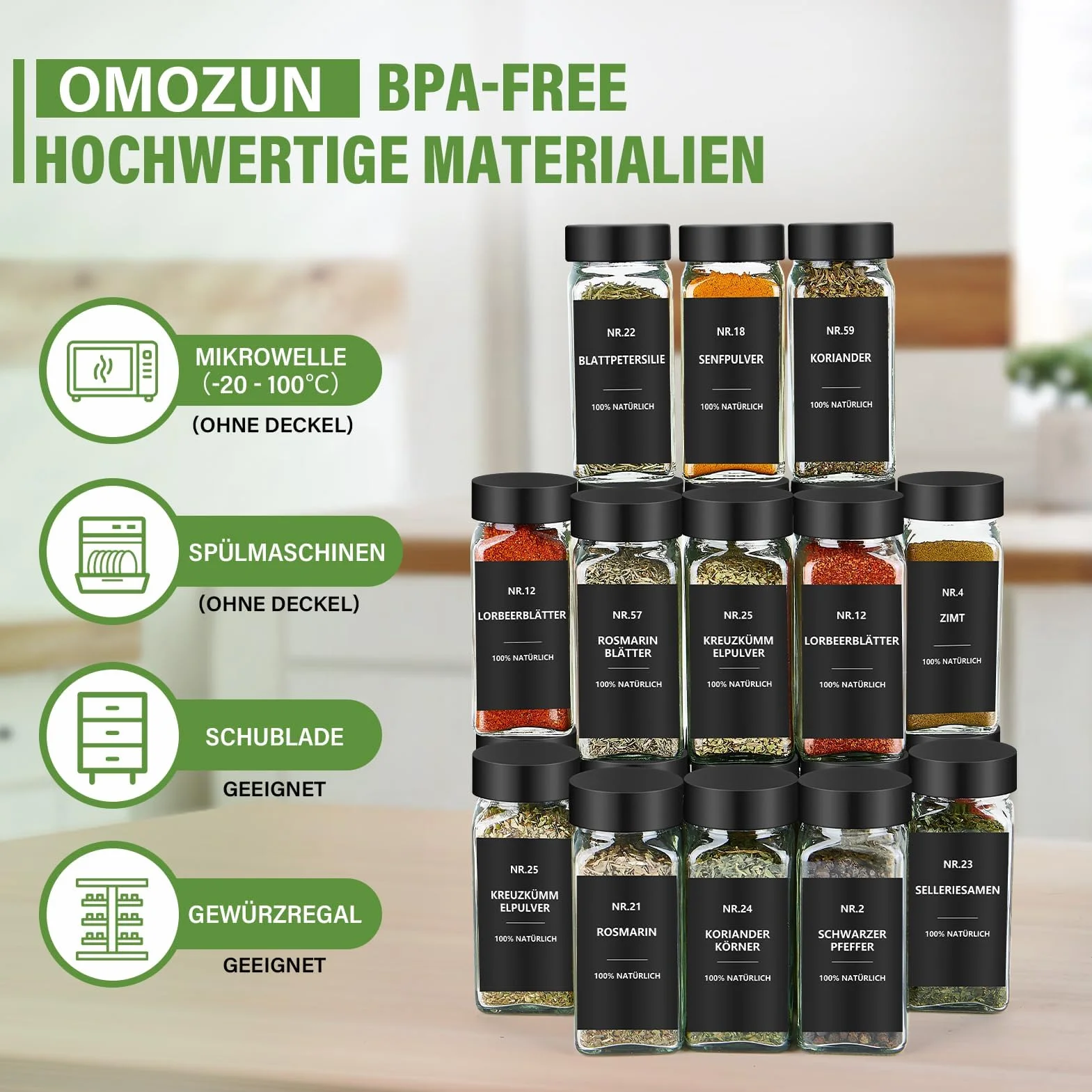 Lot de 24 pots à épices en verre 120 ml avec étiquettes étanches et insert à saupoudrer - Noir