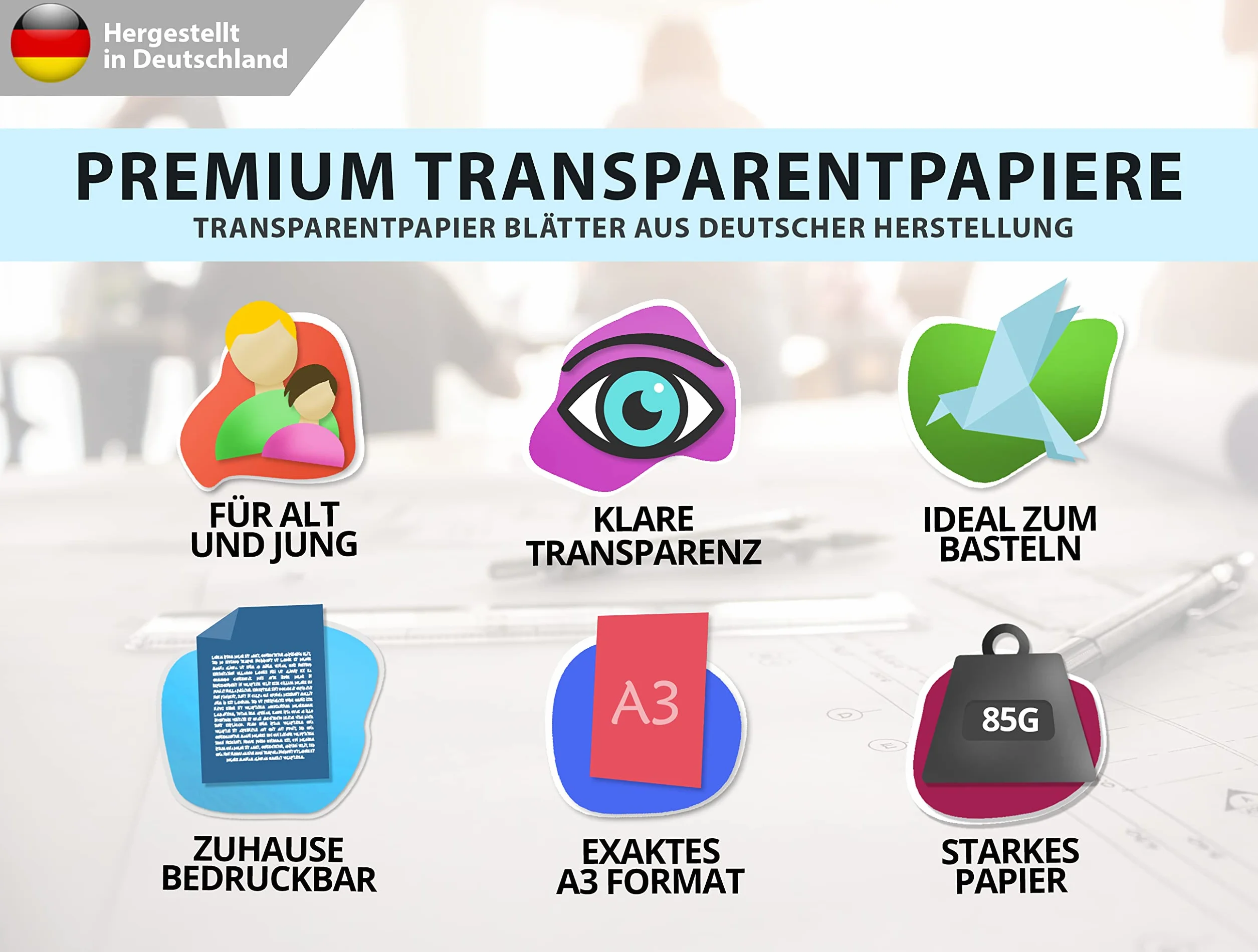 Papier calque blanc transparent imprimable DIN A3 85 g/m² Fabriqué en Allemagne