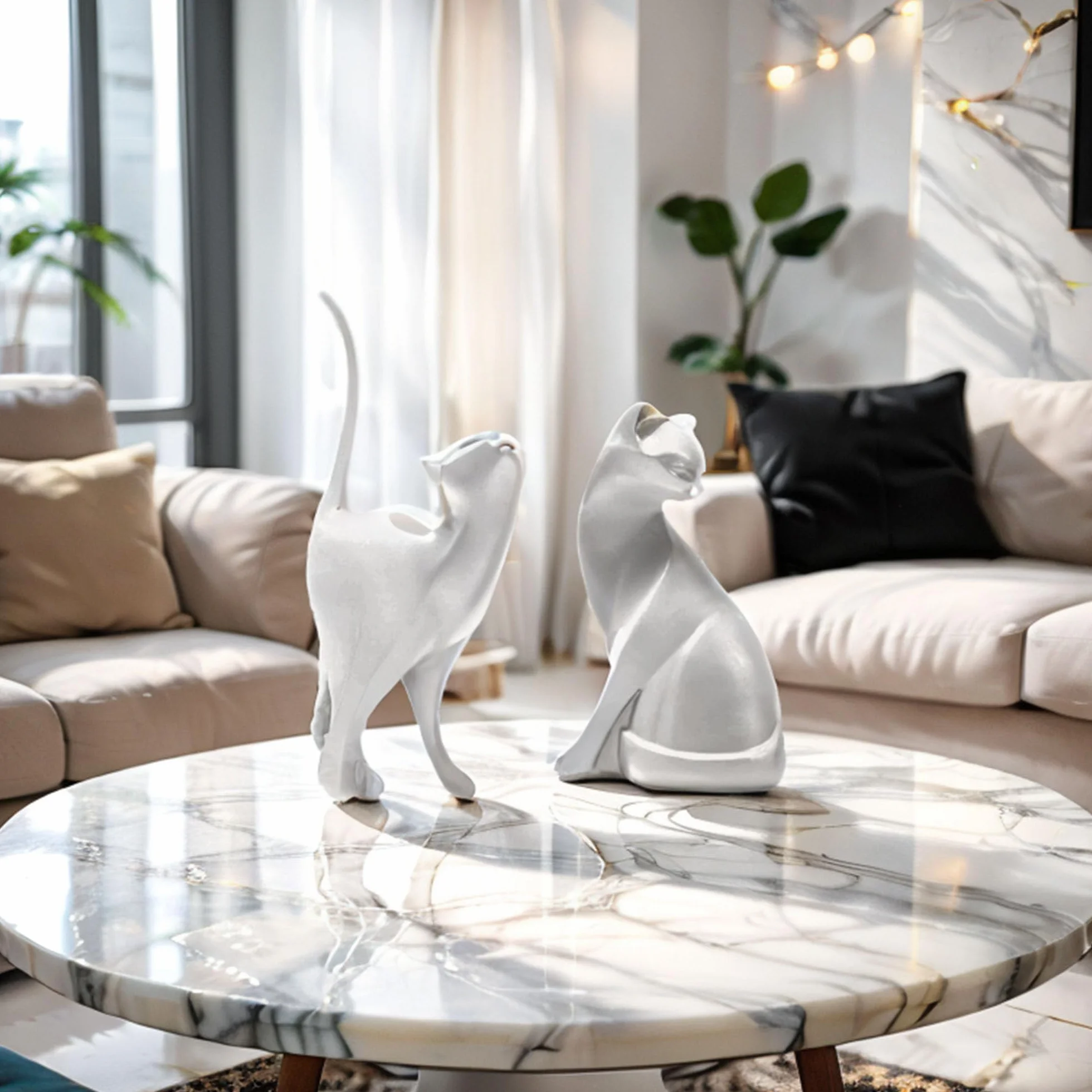 Moderne Statue Chaton Resine Sculpture Abstraite Decoration Interieur Cadeaux Amoureux Chats (argent)