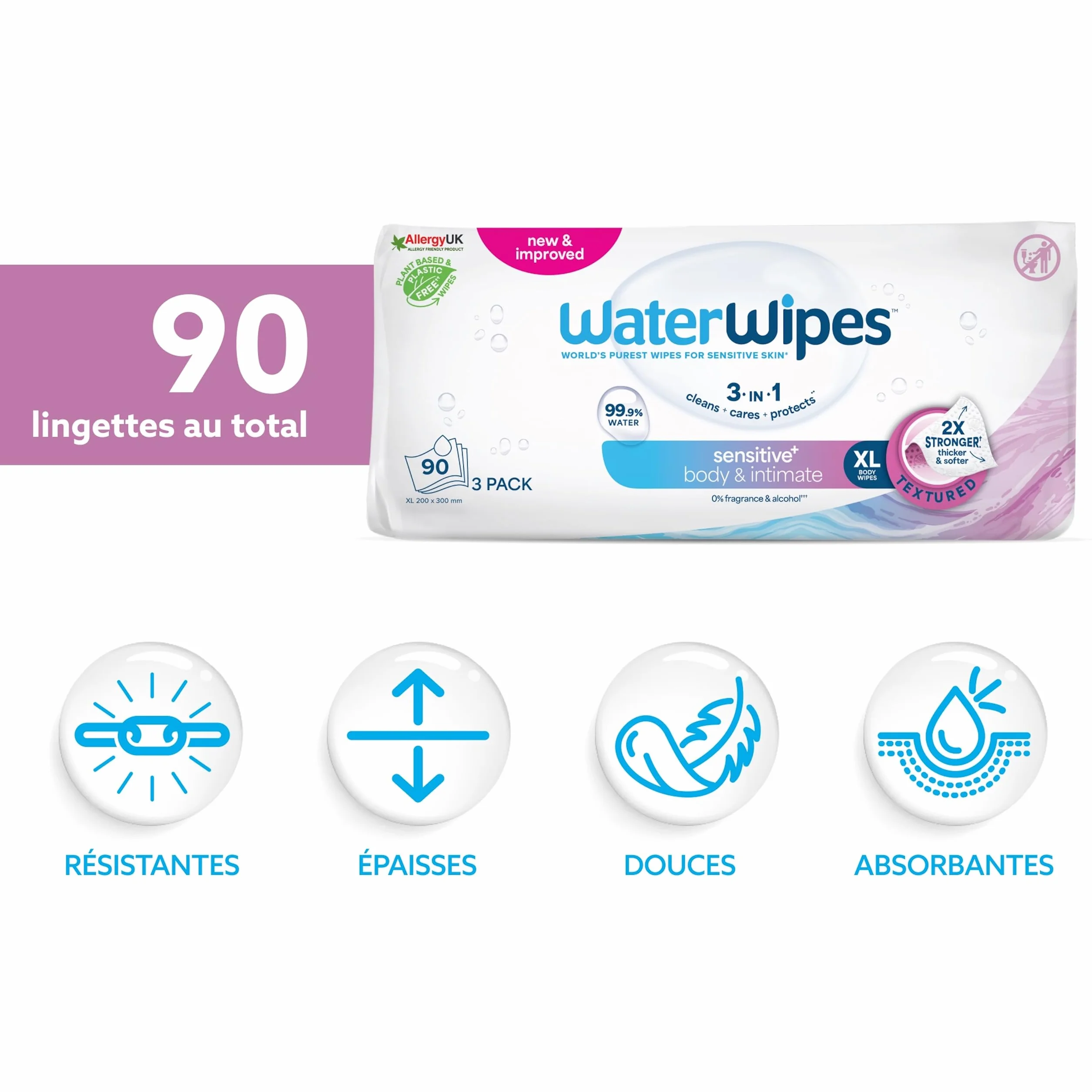 WaterWipes Sensitive+ Lingettes Corporelles et Intimes, 90 Lingettes (3 Paquets), 3-en-1 Nettoie Soigne Protège, 99,9% d'Eau, Non Parfumées, Adult Care