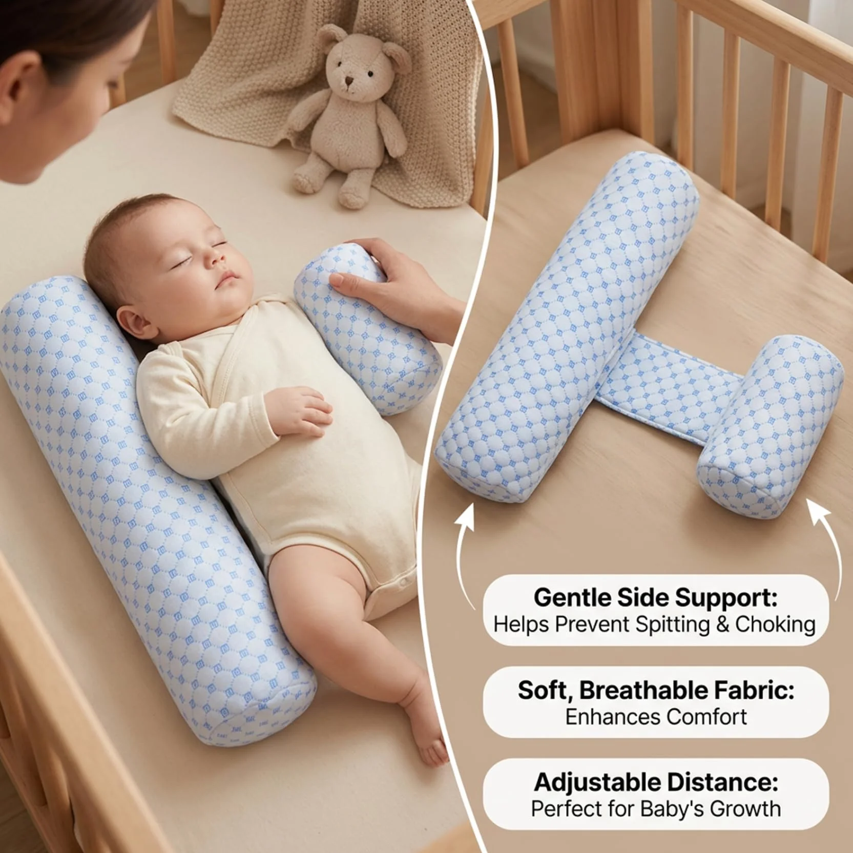 Oreiller Anti-roulis Bébé Réglable Respirant Côté Amovible Lavable Reflux Bleu