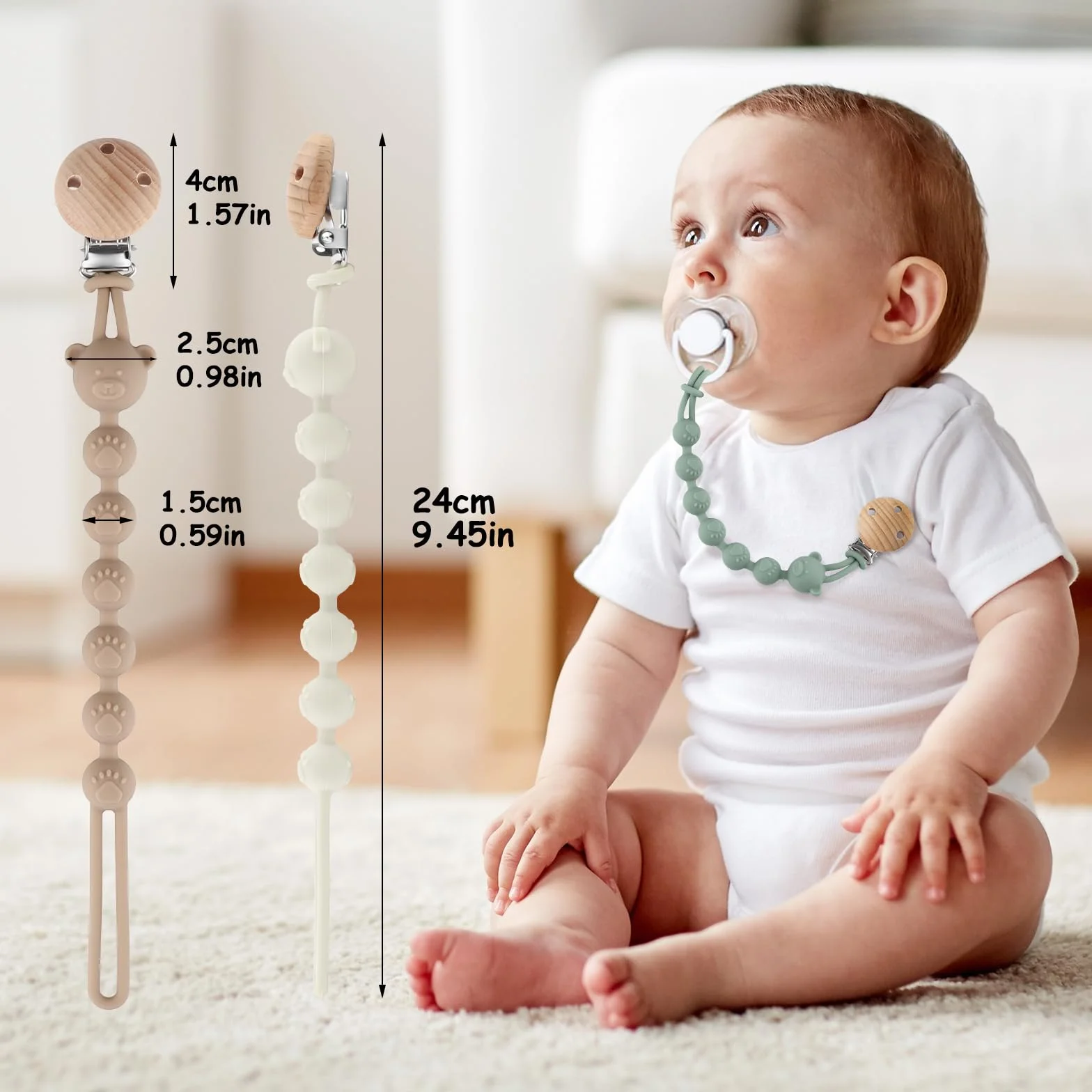 Attache Tétine Silicone Lot de 3, Chaîne Sucette Bébé sans BPA, Pacifier Clip (Gris Clair + Vert + Kaki)