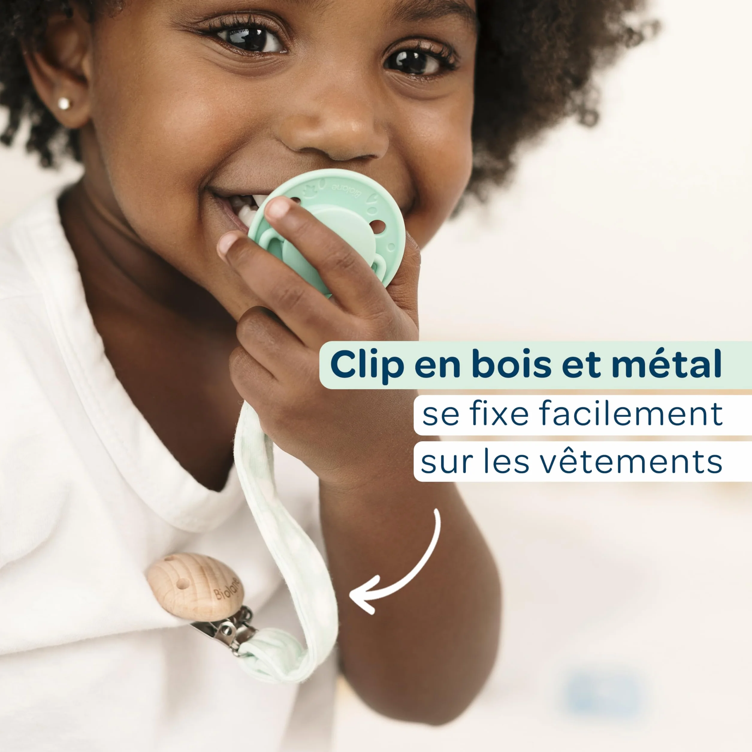 BIOLANE Attache tétine bébé 100% coton beige double sécurité anti-glisse