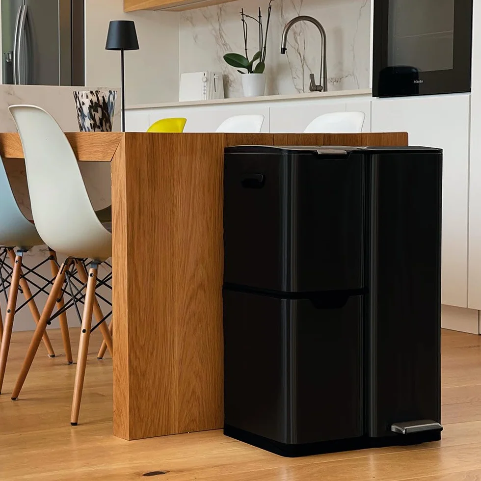 HAJA KITCHEN MOVE Poubelle de cuisine à pédale tri sélectif 60L acier Inox Noir
